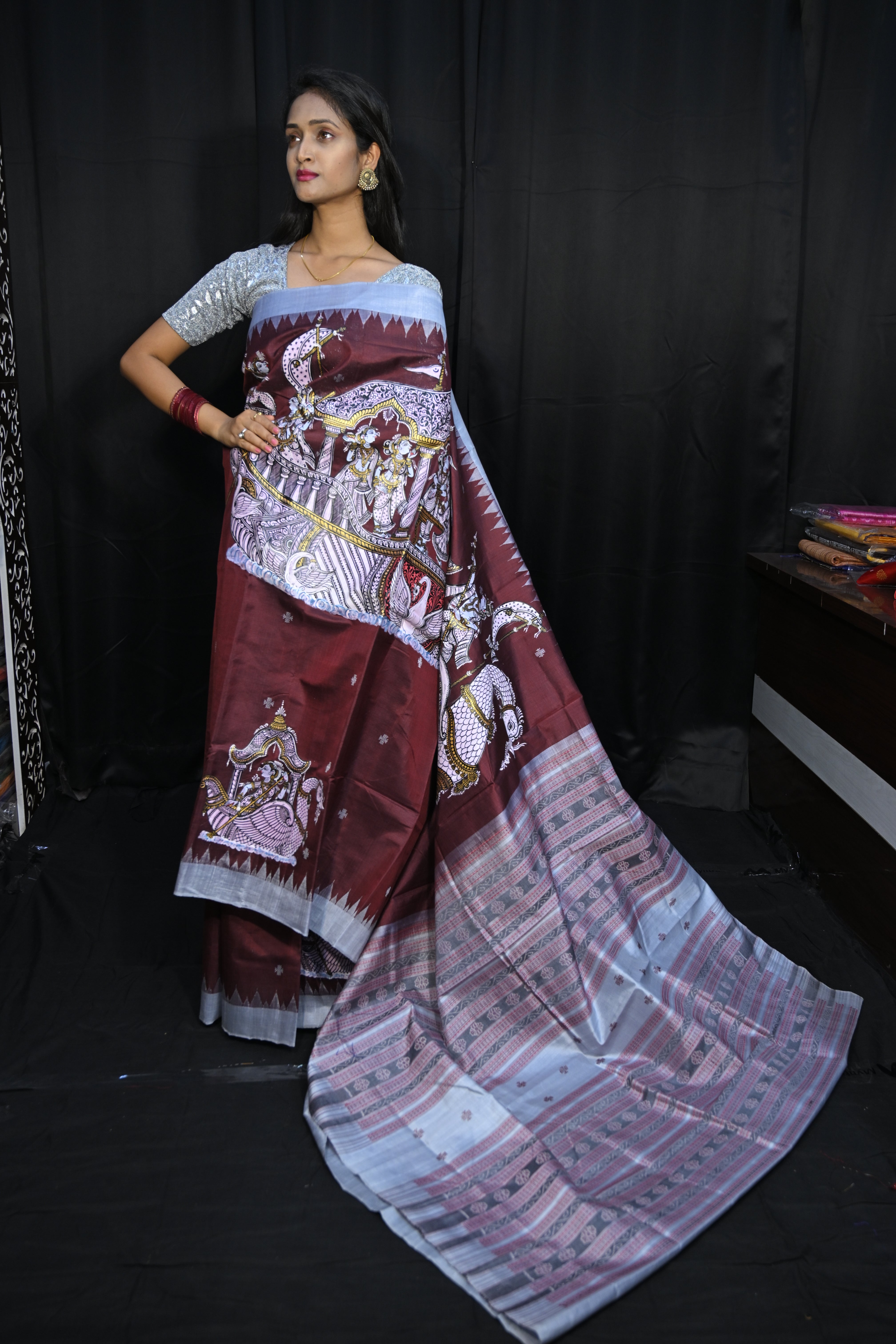 Coffee Grey Boita Theme Pattachitra Sambalpuri Silk Saree