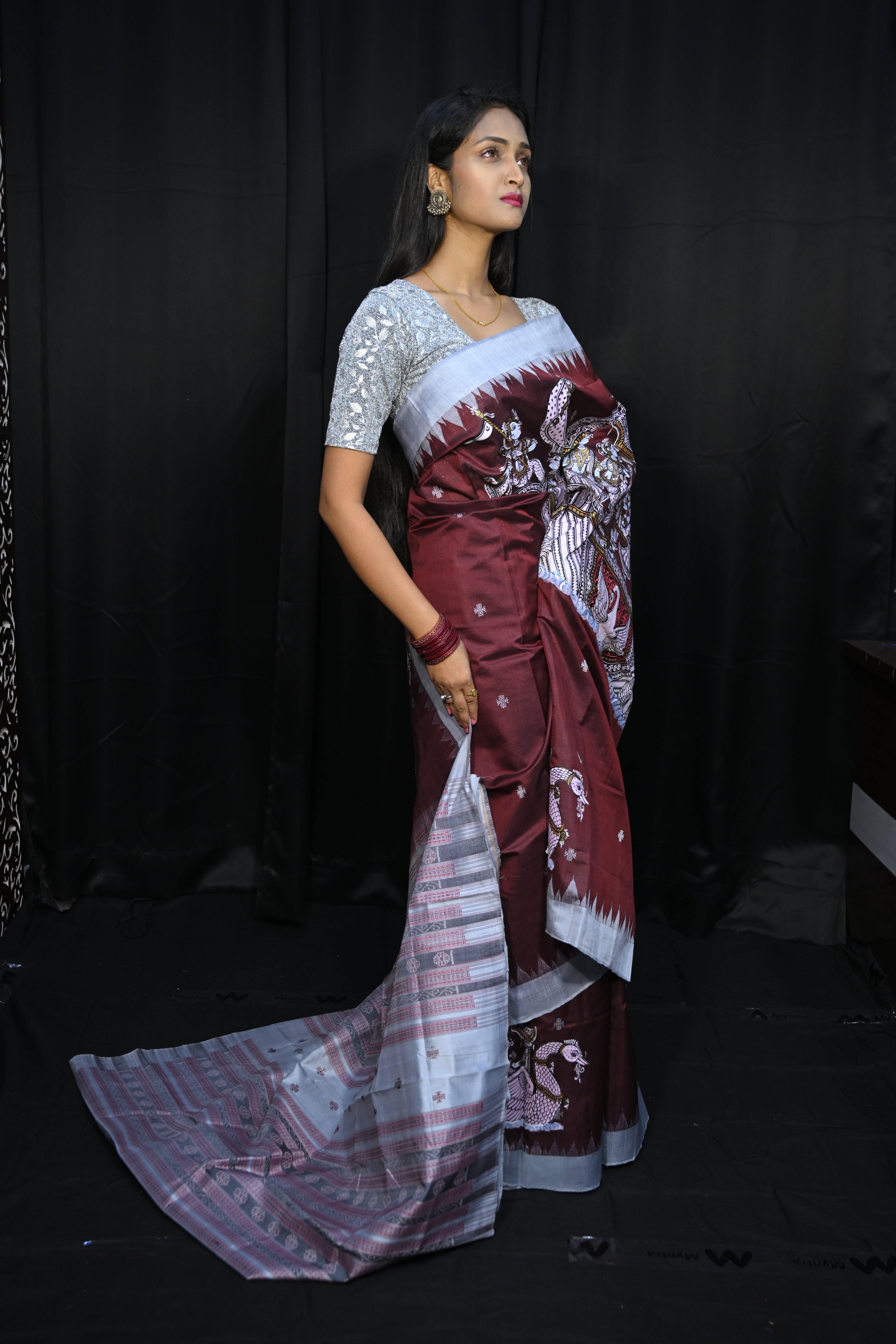 Coffee Grey Boita Theme Pattachitra Sambalpuri Silk Saree