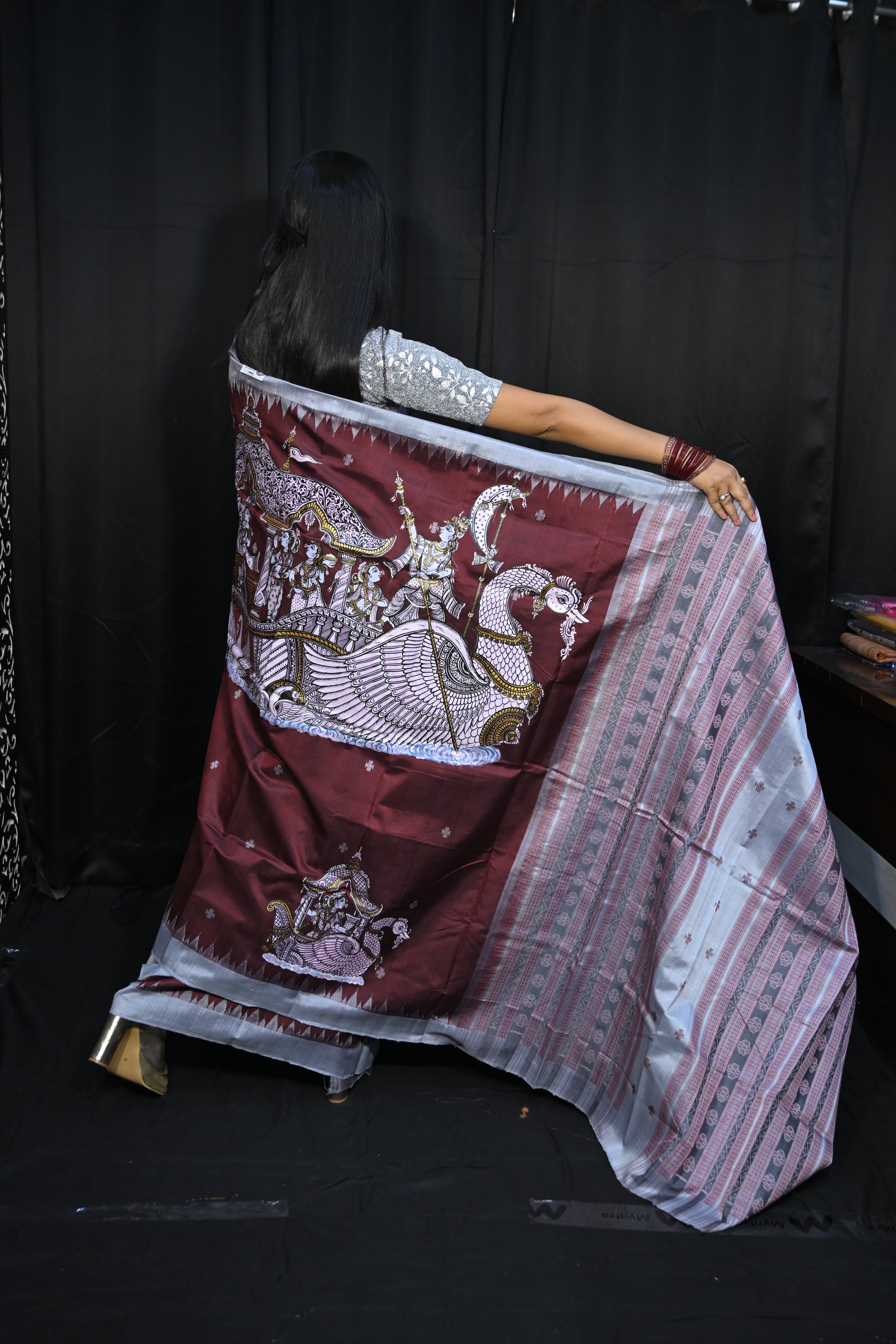 Coffee Grey Boita Theme Pattachitra Sambalpuri Silk Saree
