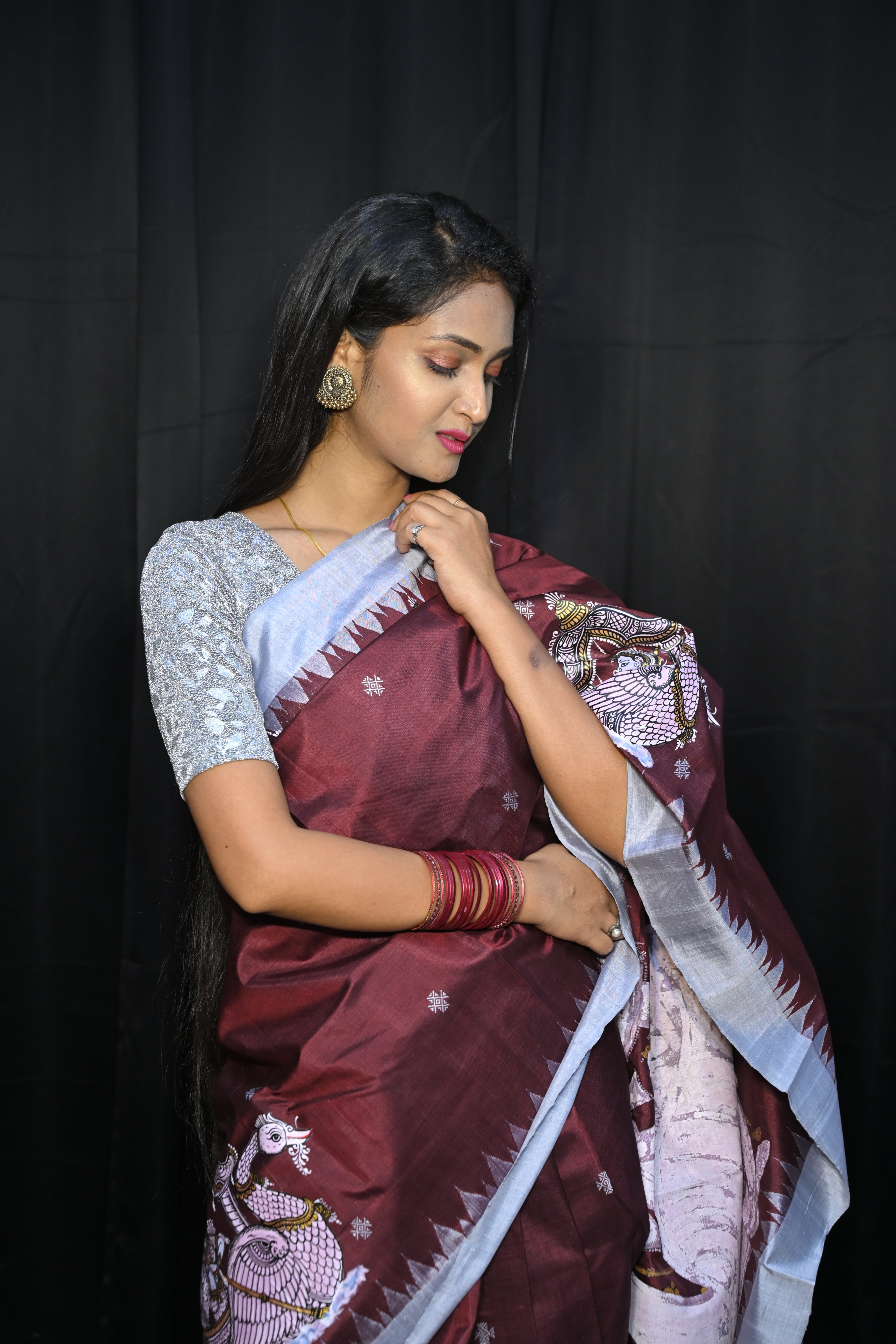 Coffee Grey Boita Theme Pattachitra Sambalpuri Silk Saree