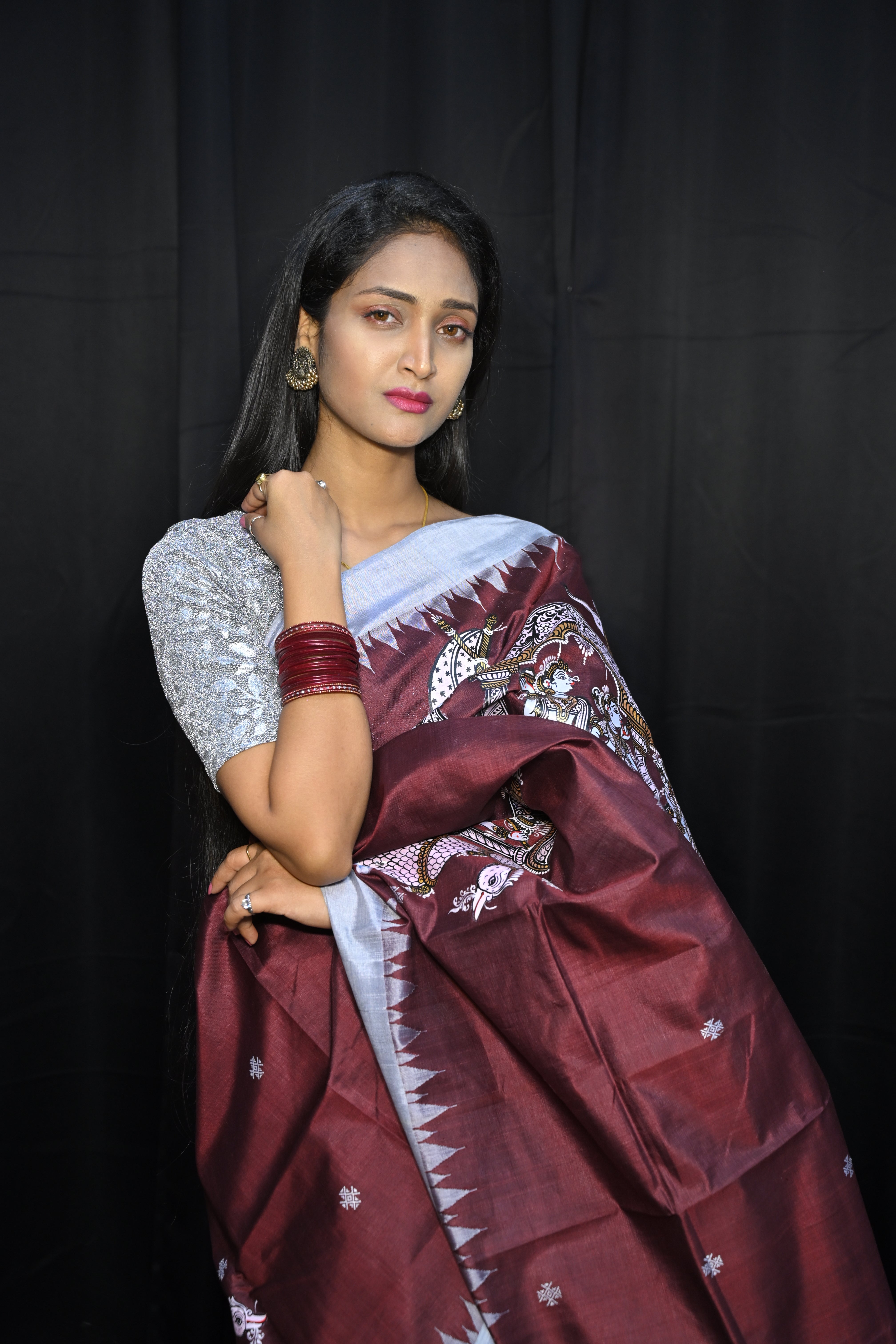 Coffee Grey Boita Theme Pattachitra Sambalpuri Silk Saree