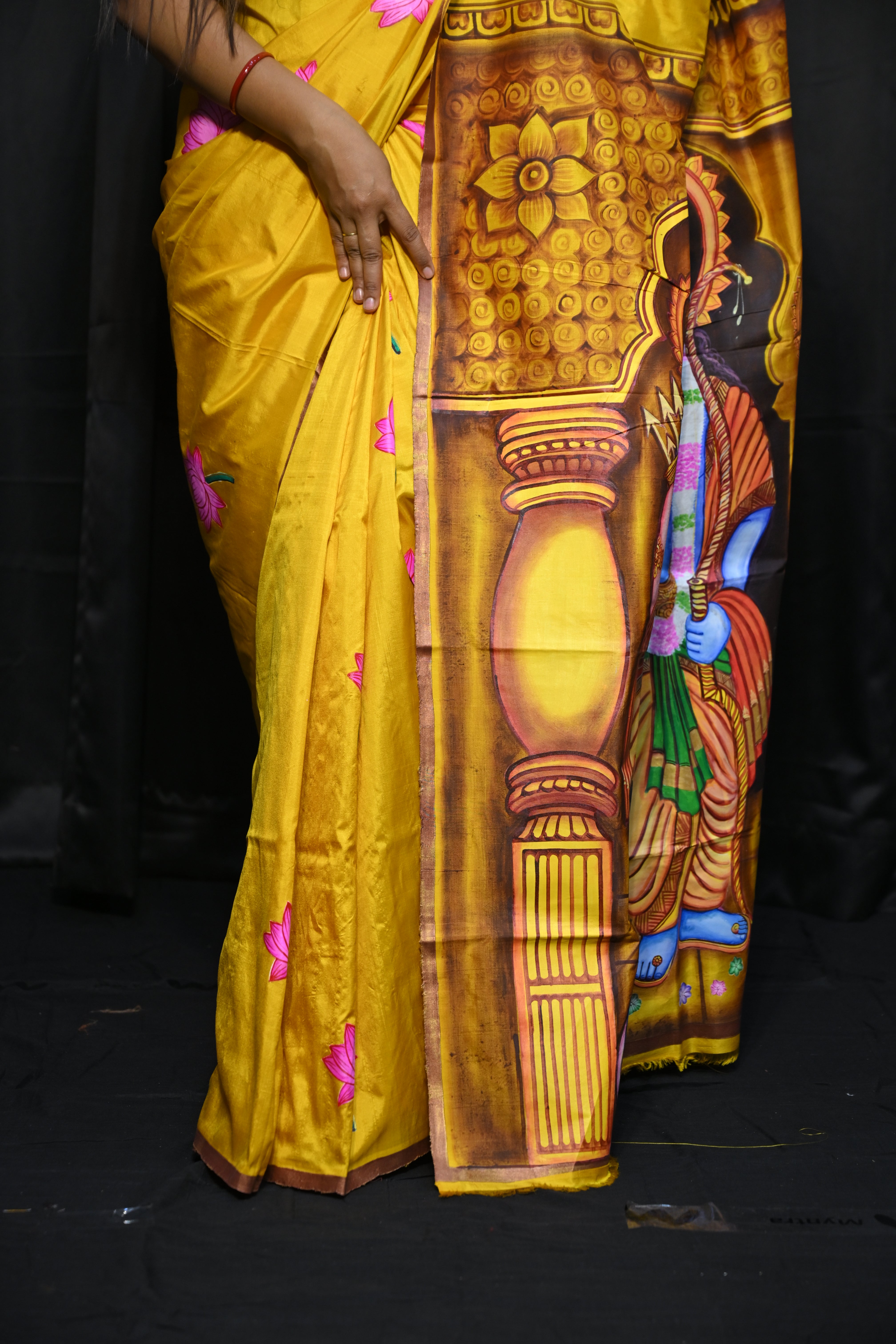 Golden Yellow Rama Sita Theme Pattachitra Sambalpuri Silk Saree