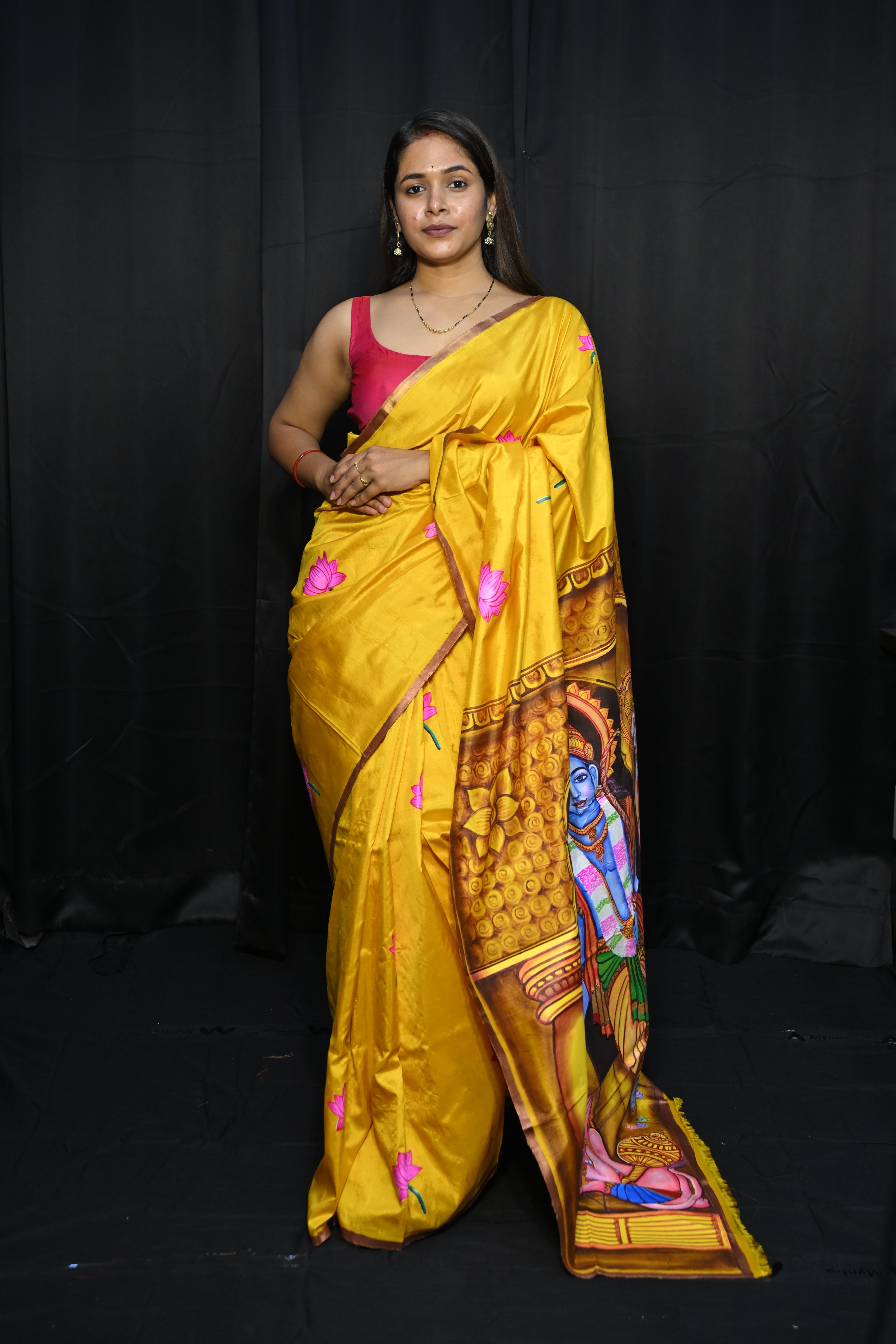 Golden Yellow Rama Sita Theme Pattachitra Sambalpuri Silk Saree