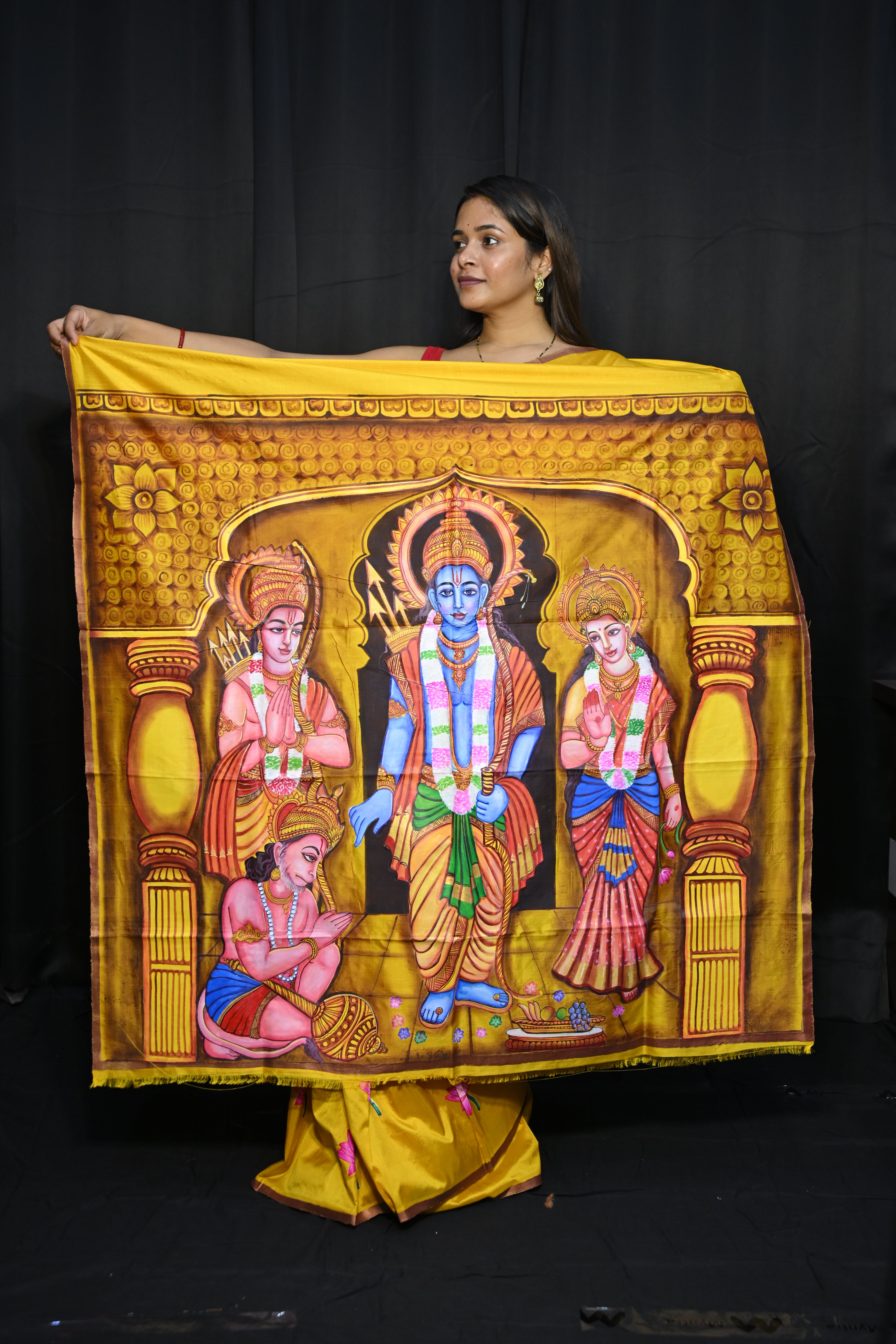 Golden Yellow Rama Sita Theme Pattachitra Sambalpuri Silk Saree