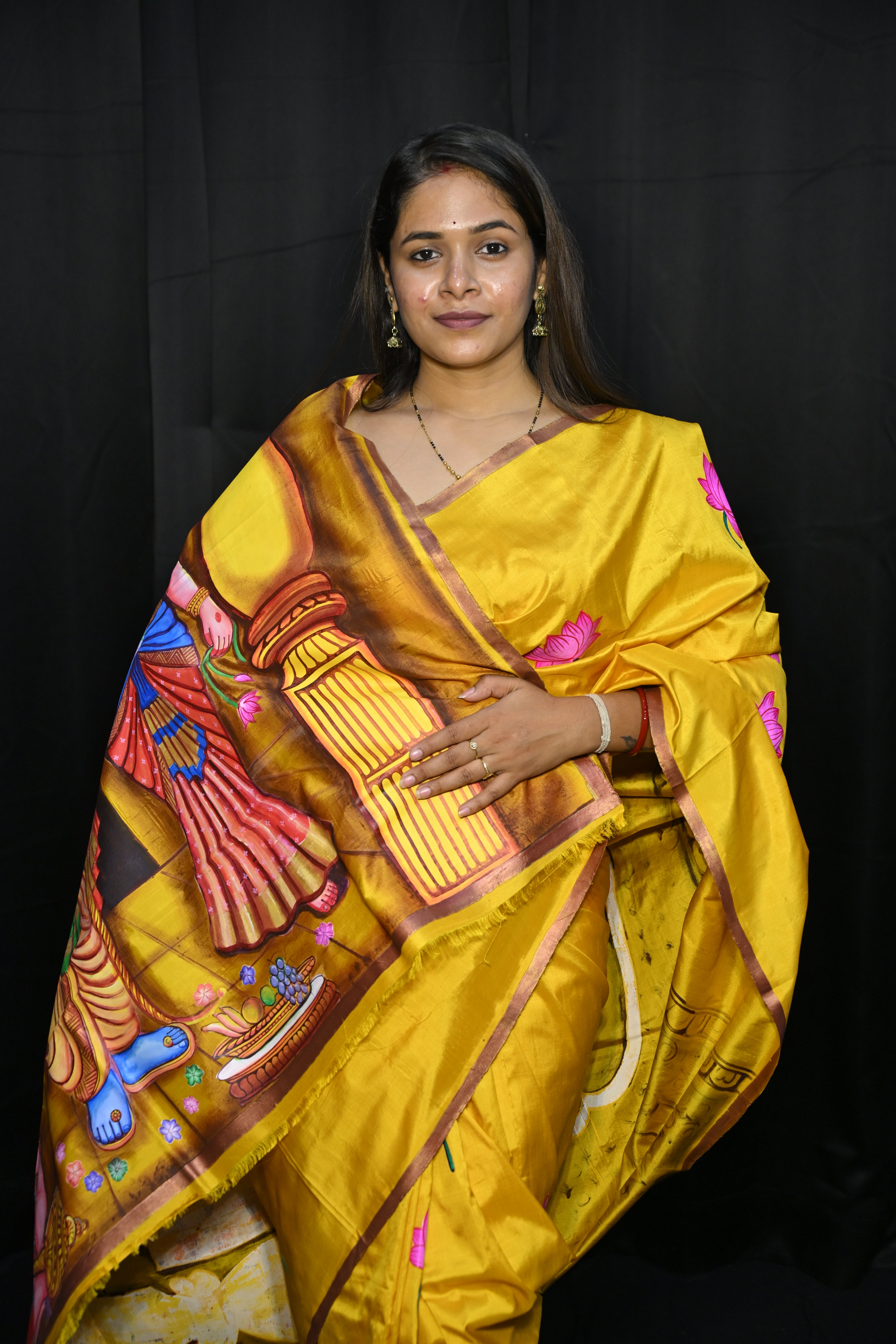 Golden Yellow Rama Sita Theme Pattachitra Sambalpuri Silk Saree
