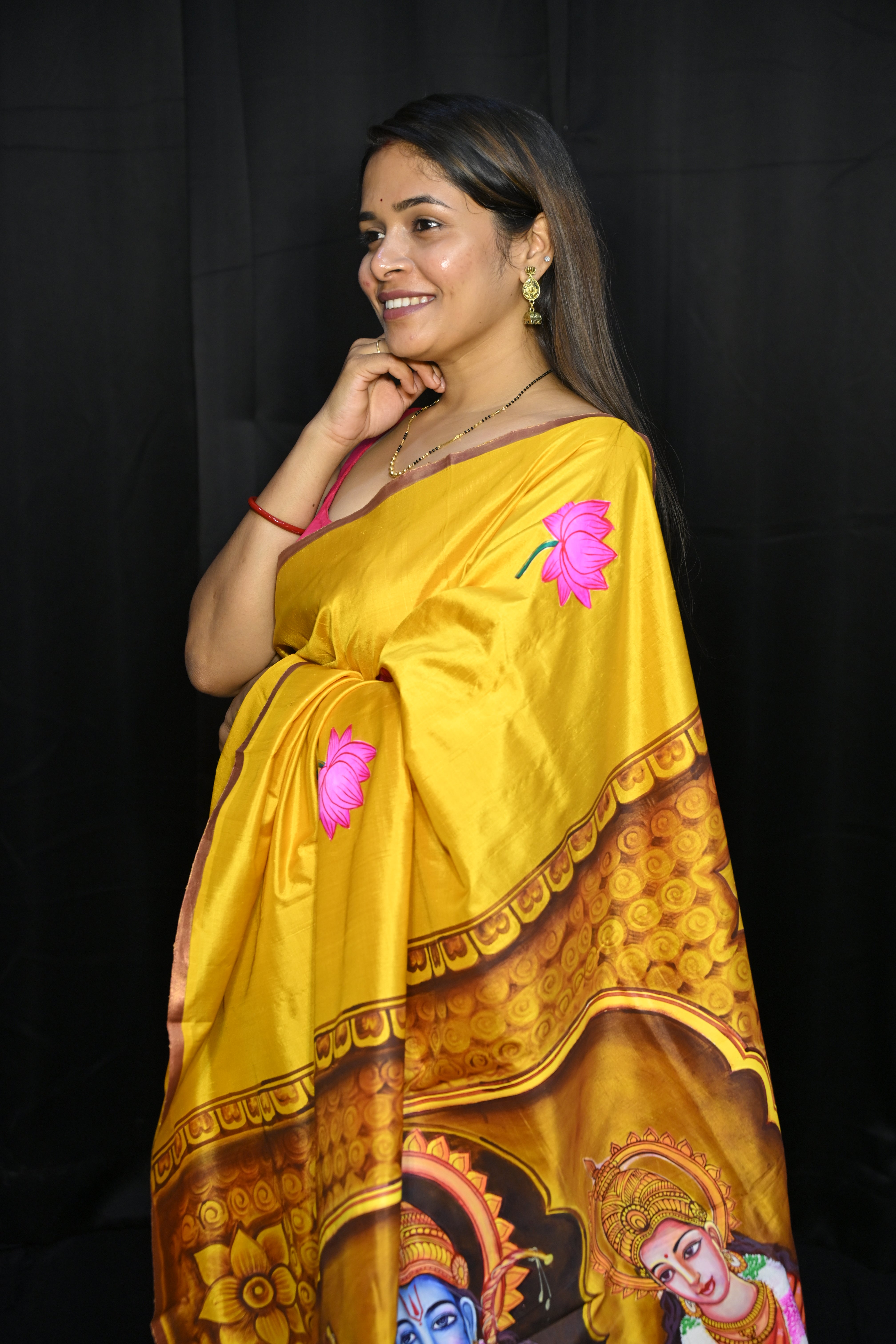 Golden Yellow Rama Sita Theme Pattachitra Sambalpuri Silk Saree