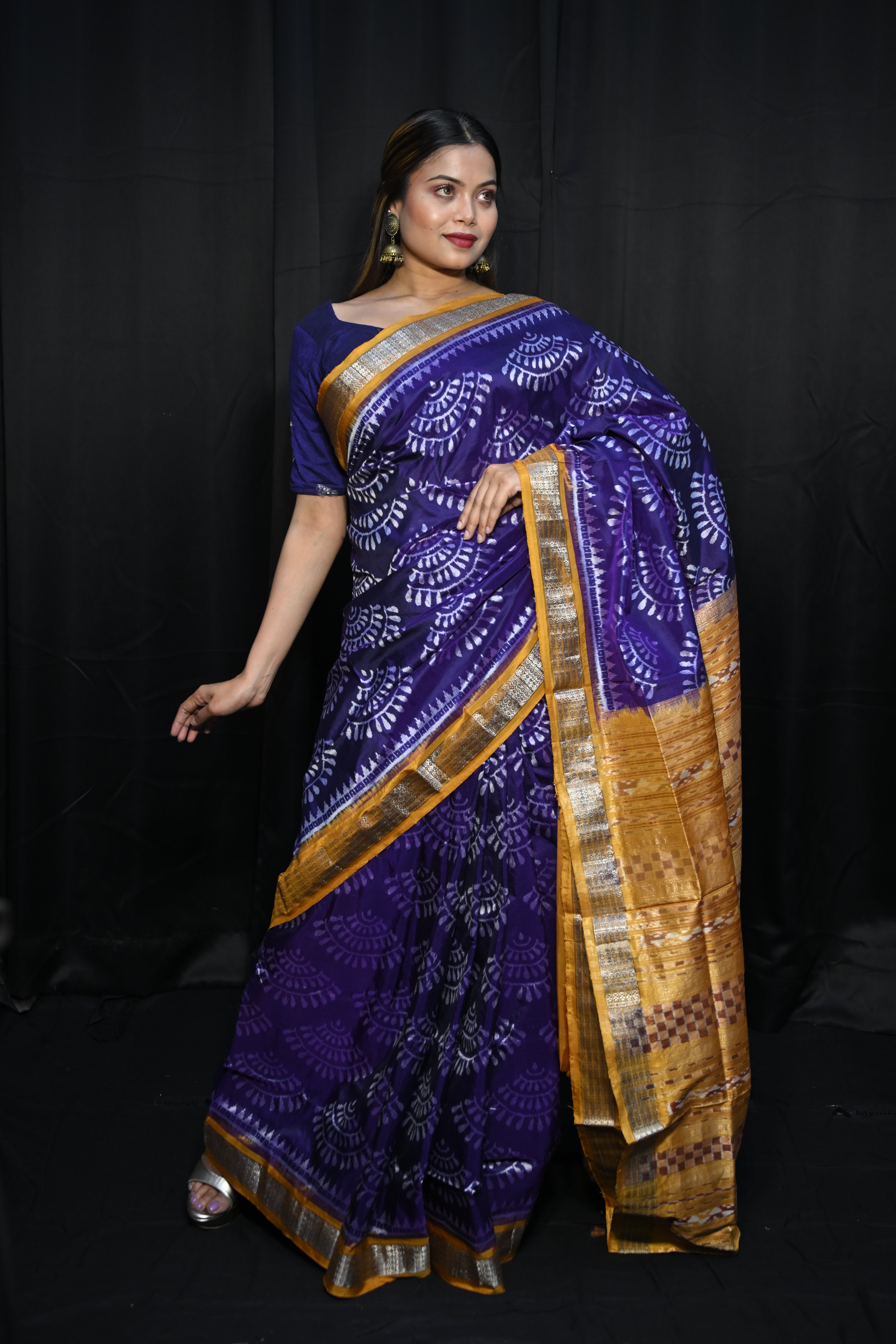 Purple Mustard Yellow  Half Tissue Sambalpuri Silk Saree