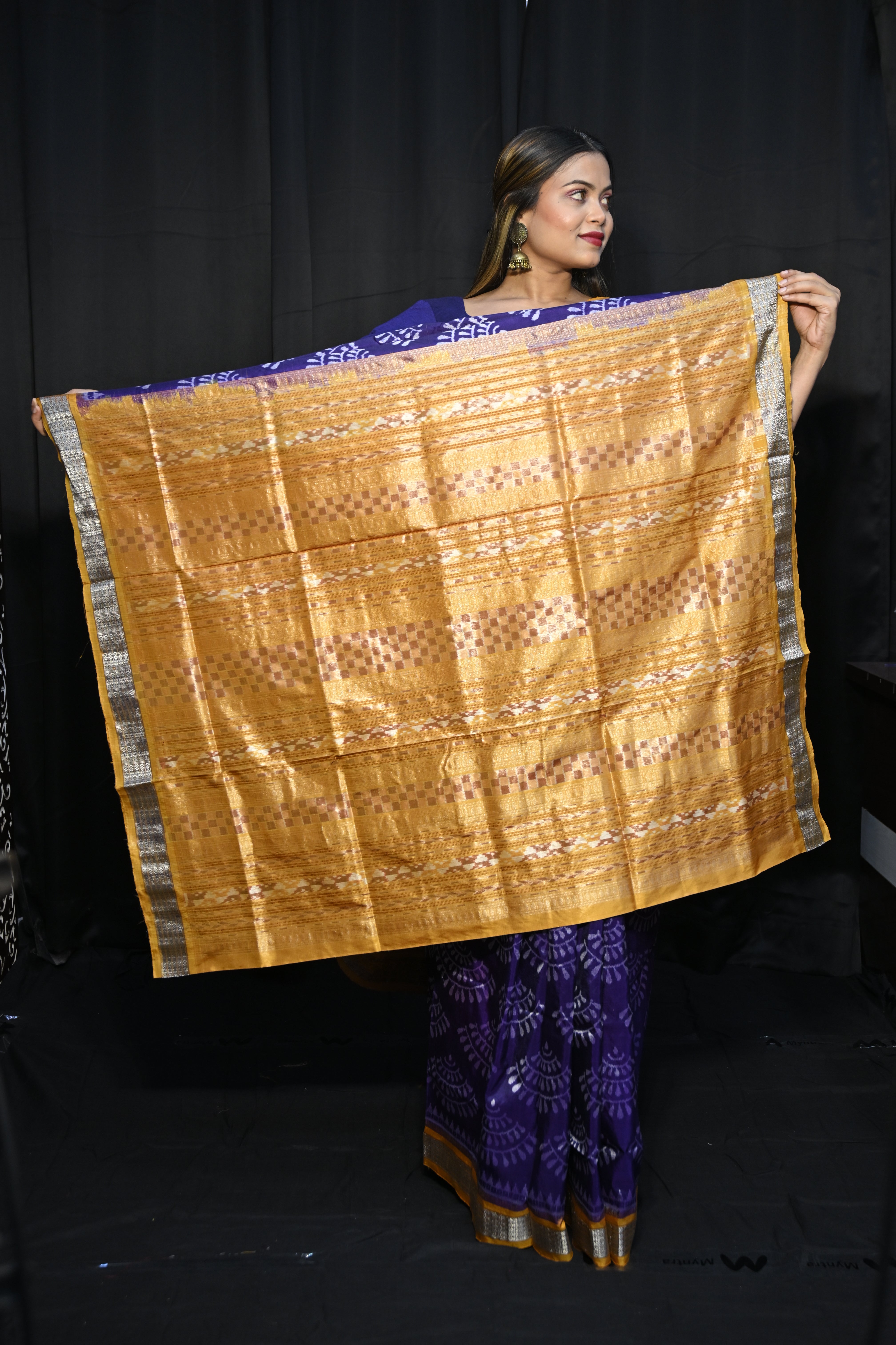Purple Mustard Yellow  Half Tissue Sambalpuri Silk Saree