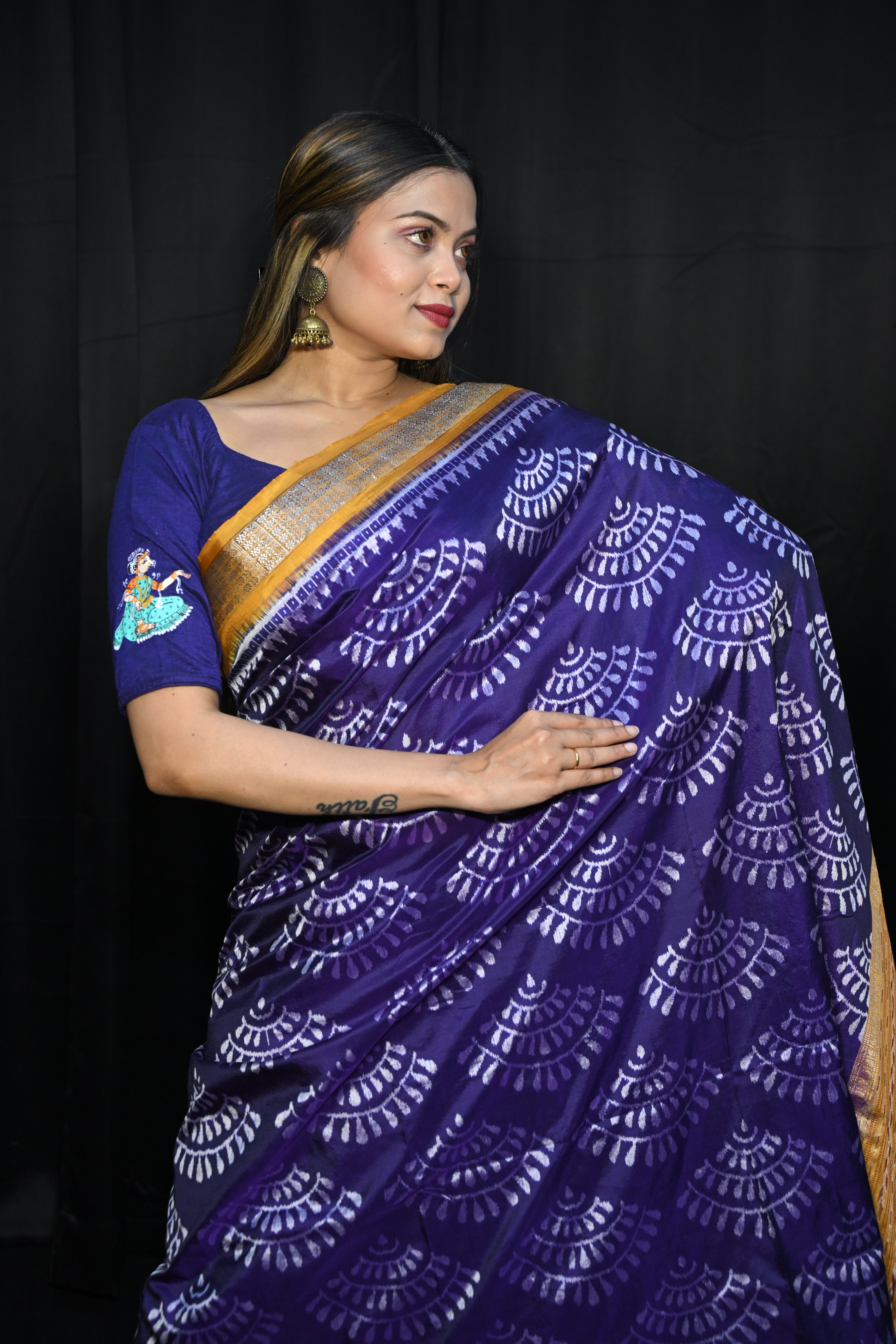 Purple Mustard Yellow  Half Tissue Sambalpuri Silk Saree