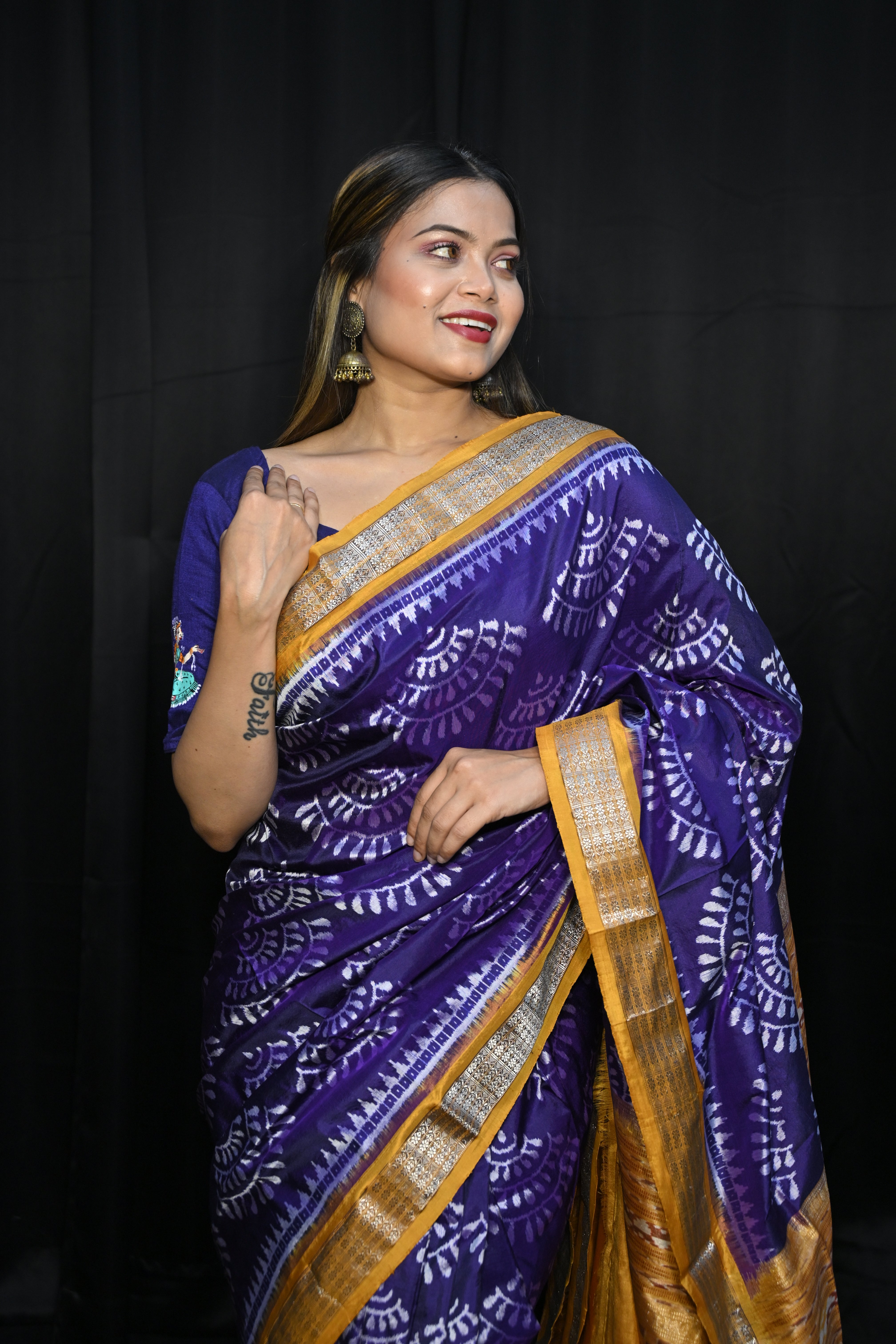 Purple Mustard Yellow  Half Tissue Sambalpuri Silk Saree