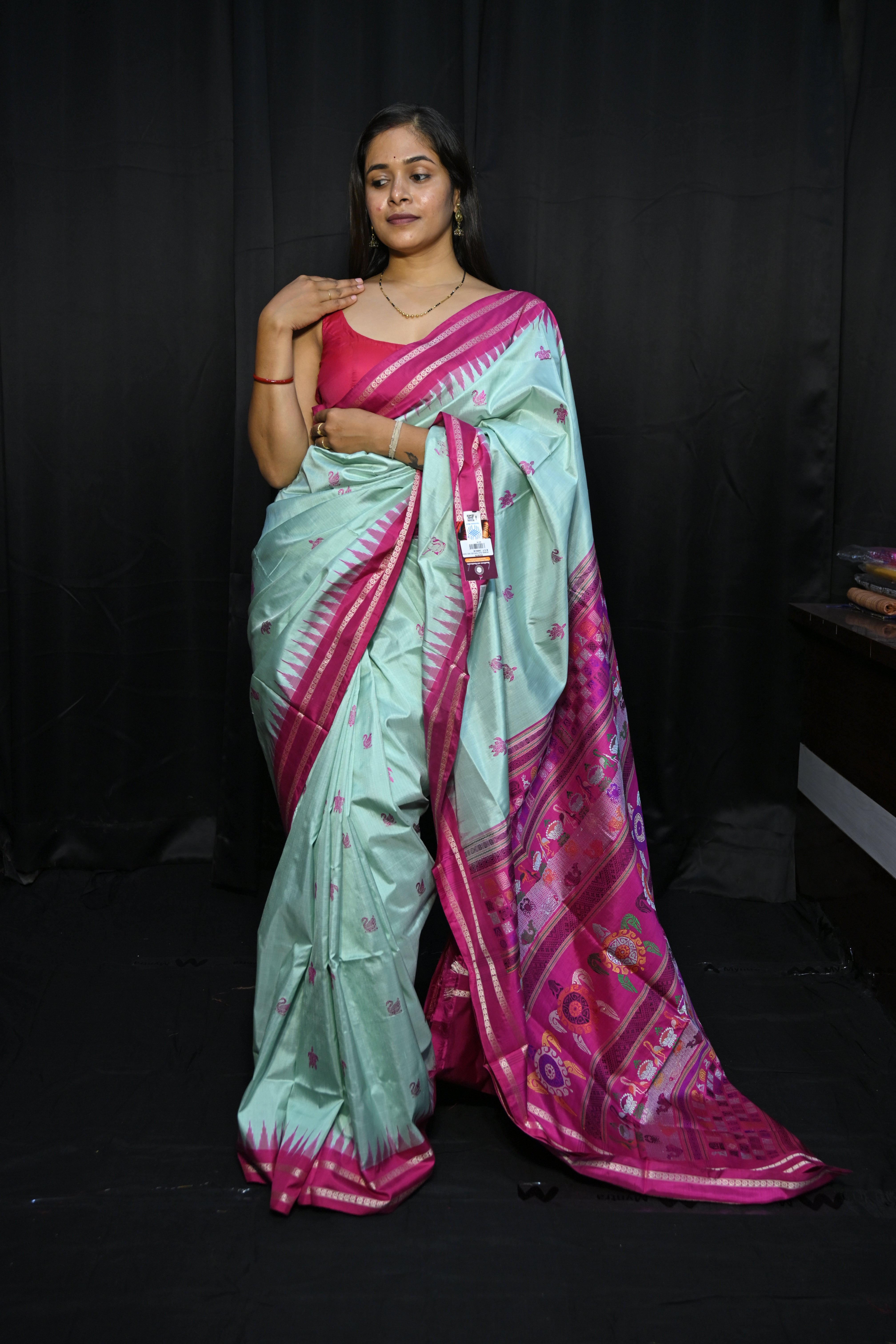 Sea Green Magenta Chilika Theme Exclusive Sambalpuri Silk Saree