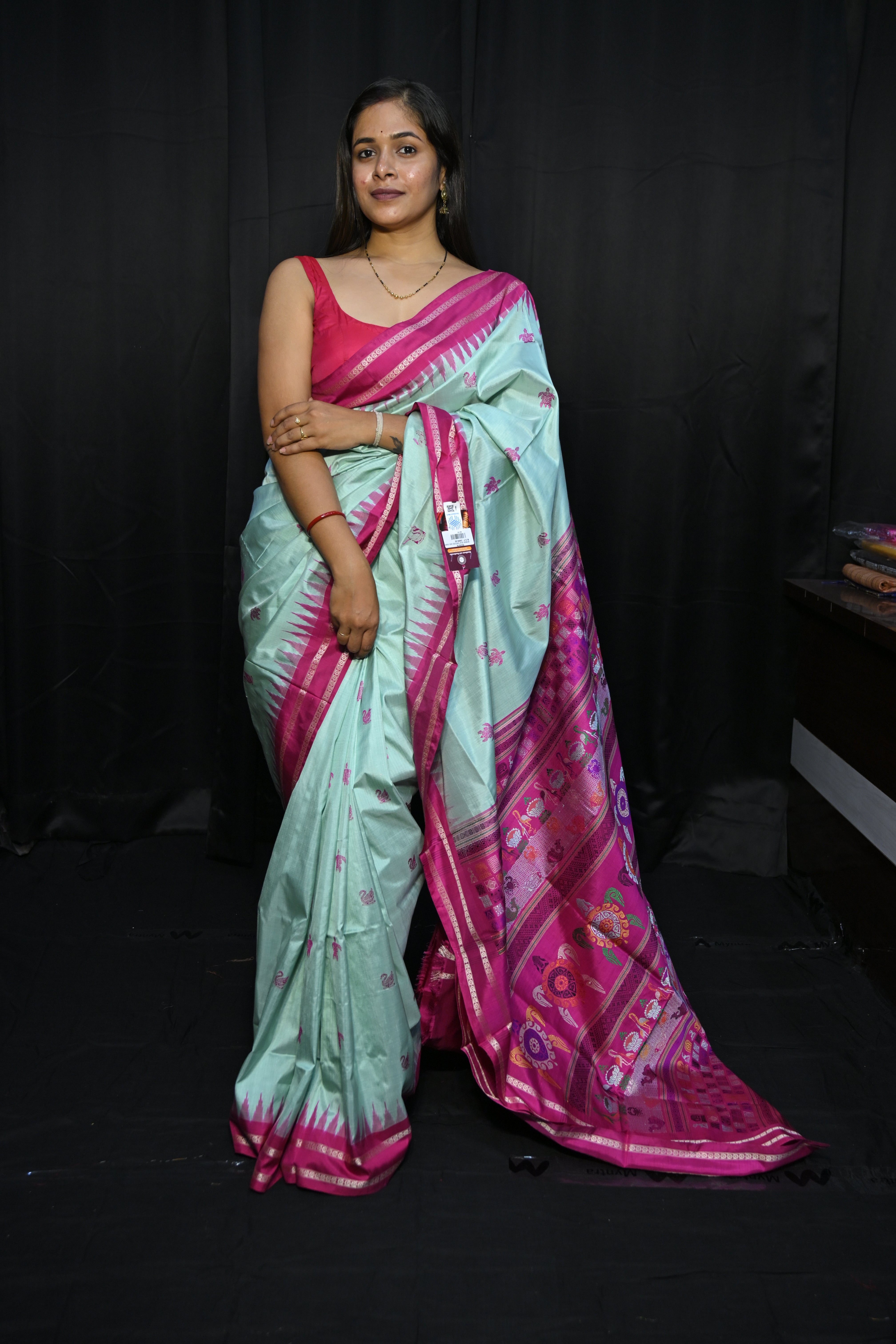 Sea Green Magenta Chilika Theme Exclusive Sambalpuri Silk Saree