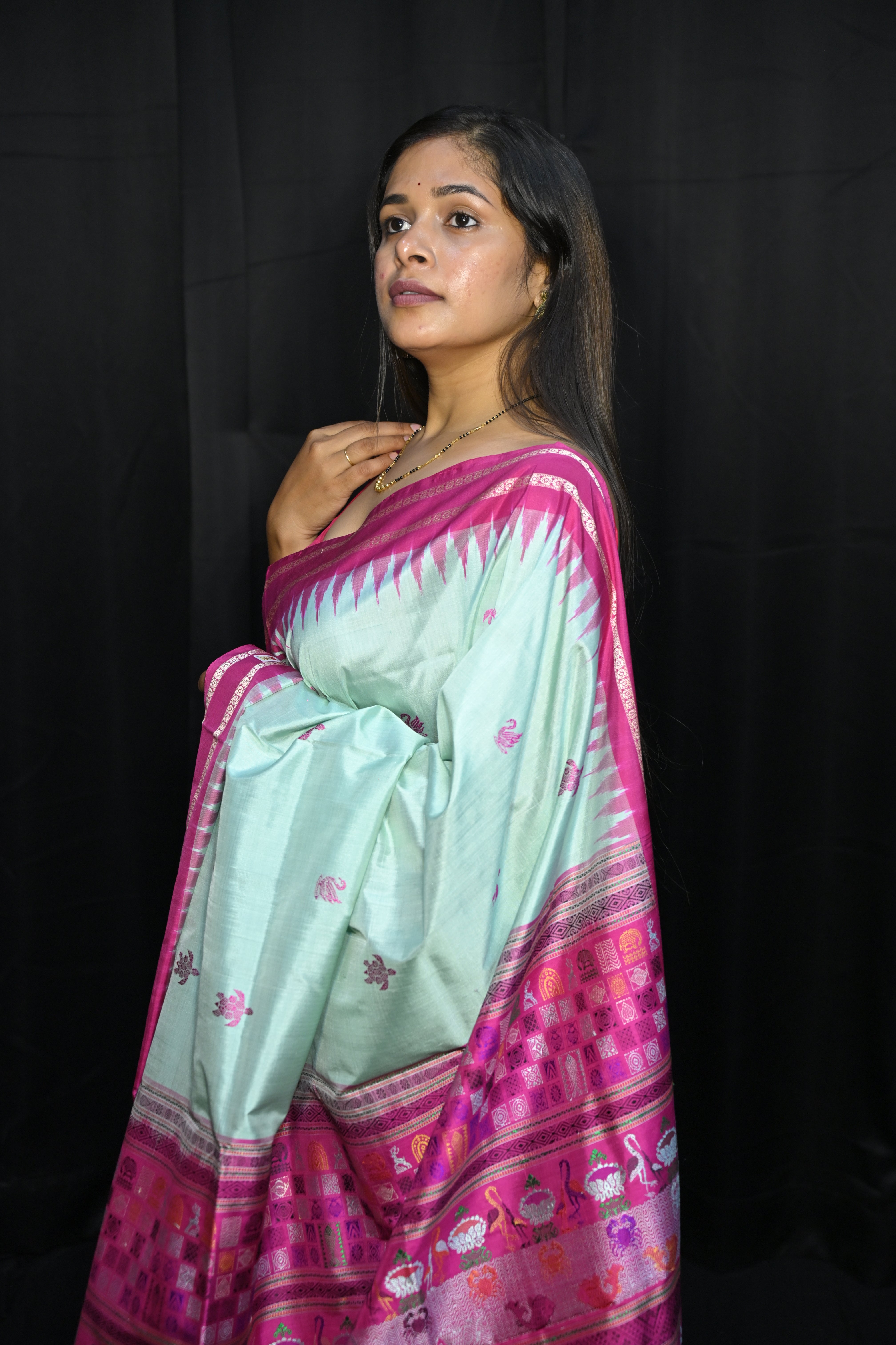 Sea Green Magenta Chilika Theme Exclusive Sambalpuri Silk Saree
