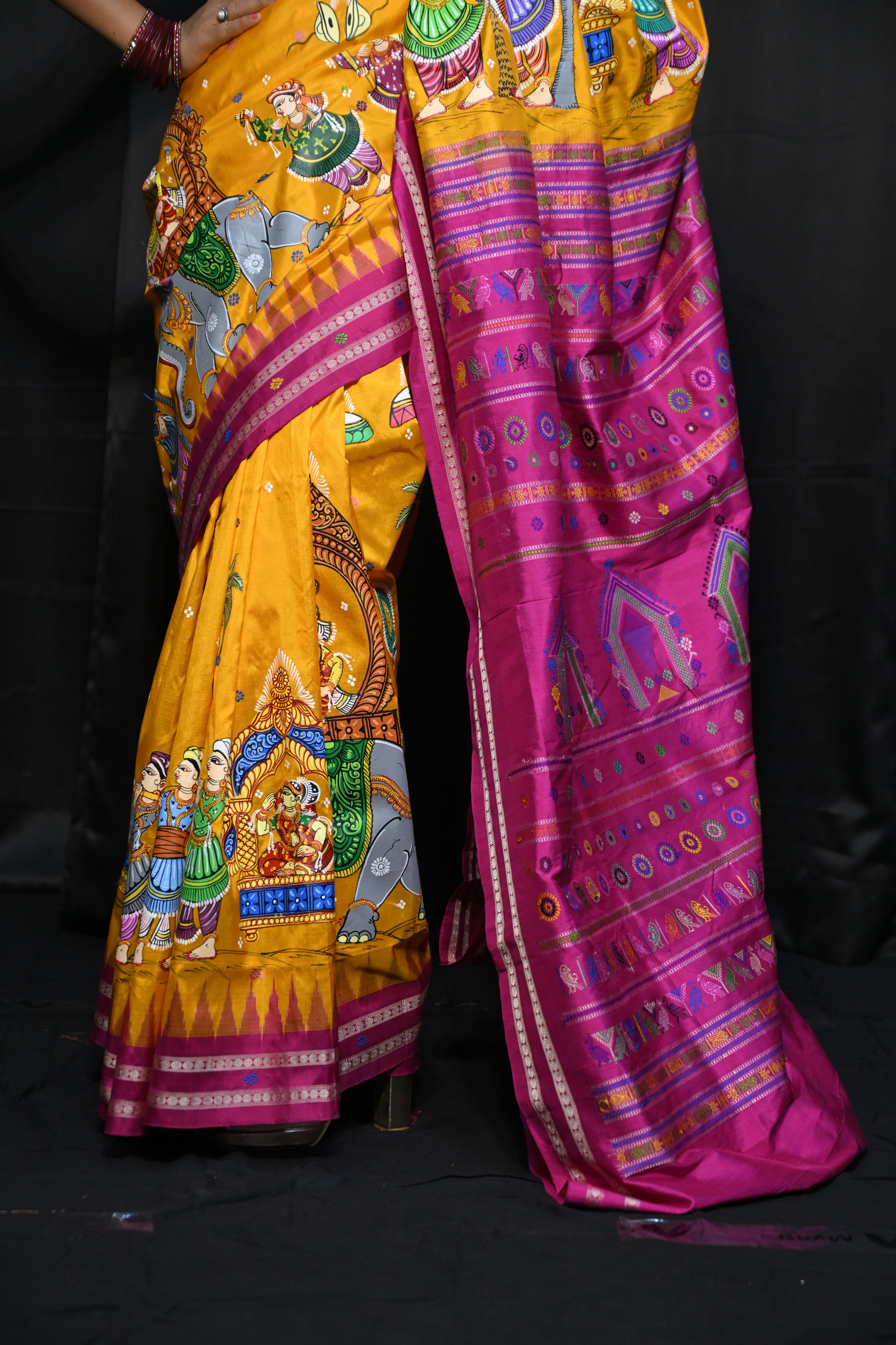 Yellow Magenta Marriage Dolabedi Theme Pattachitra Silk Saree