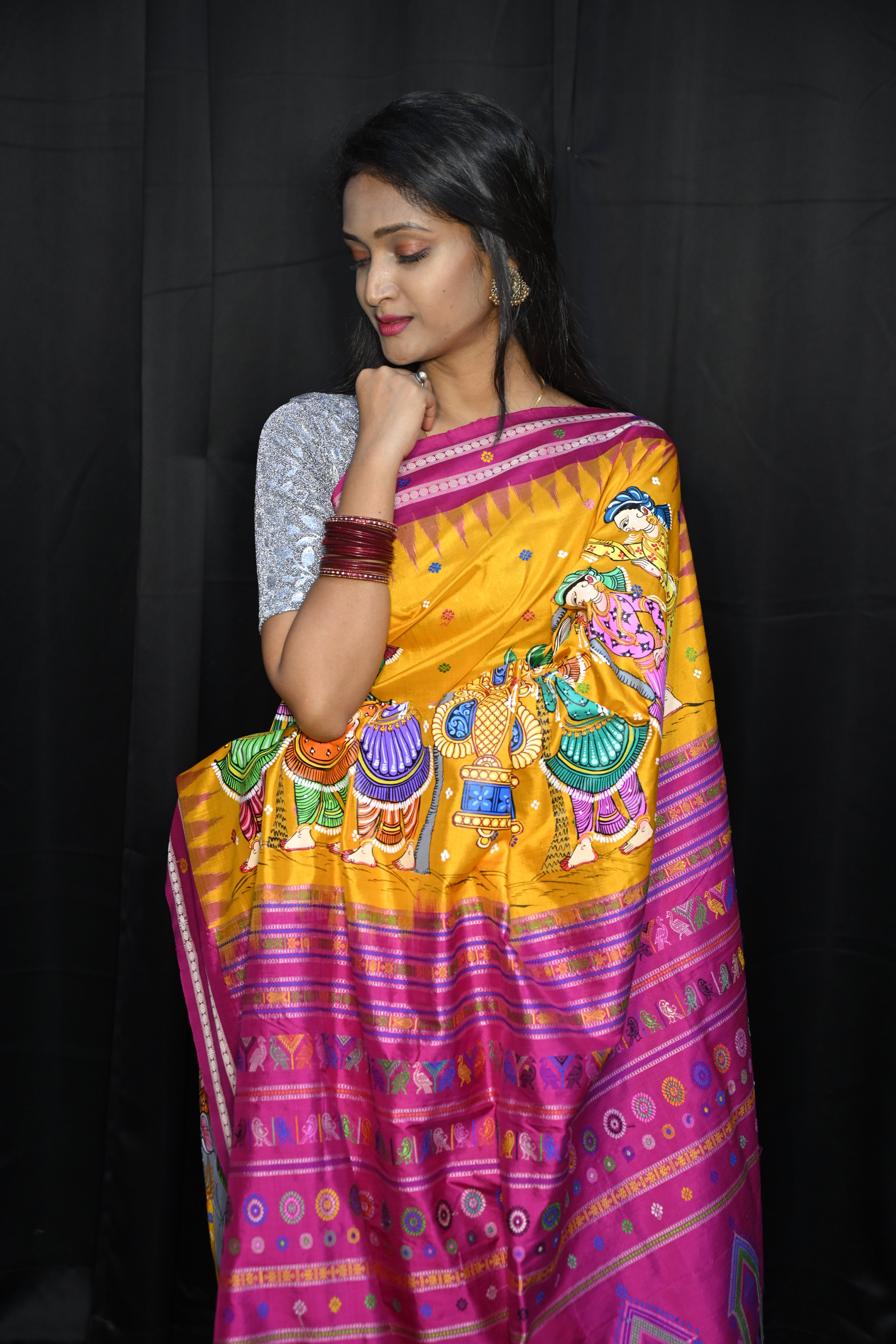 Yellow Magenta Marriage Dolabedi Theme Pattachitra Silk Saree