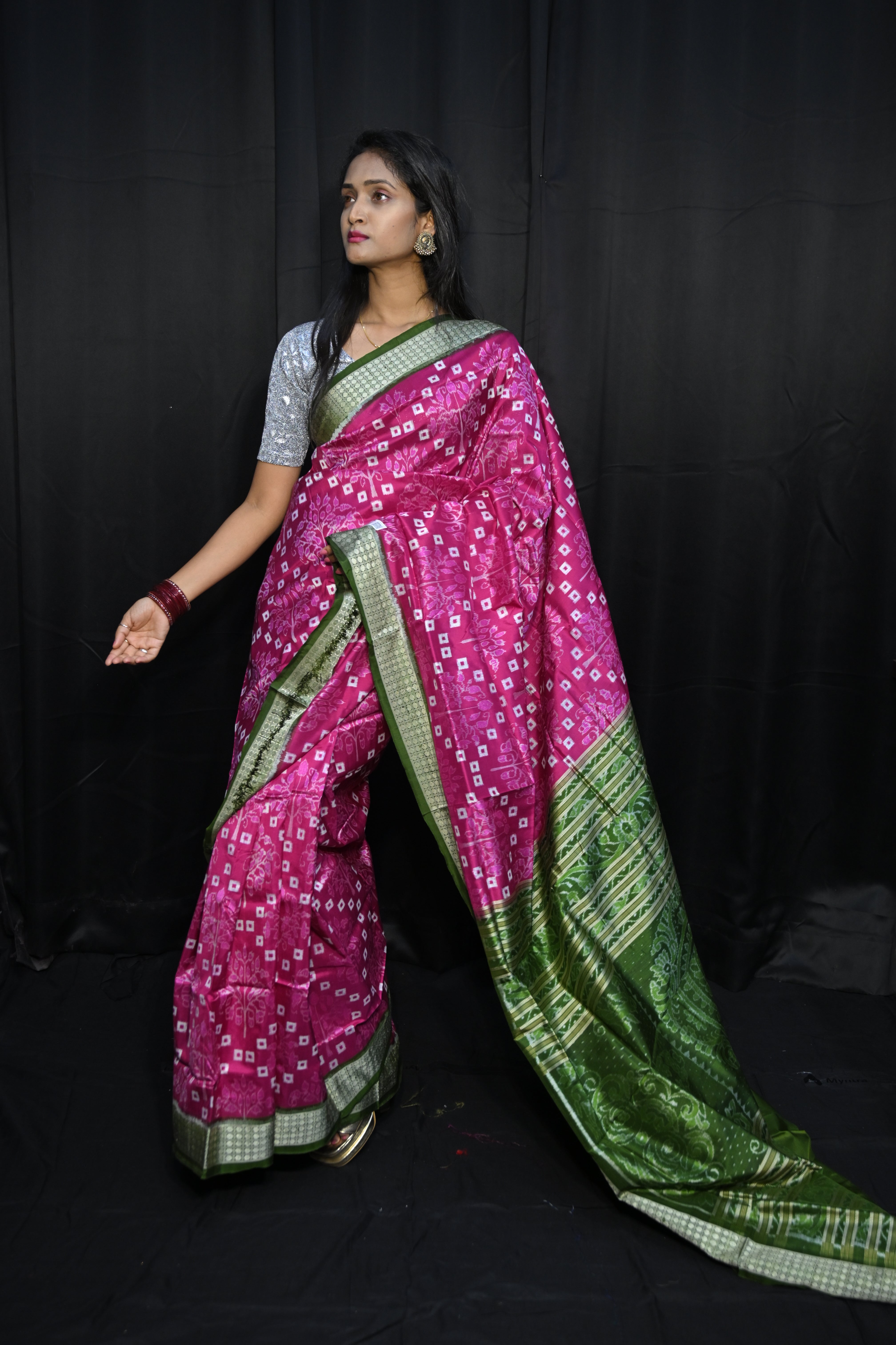Pink Mehendi Green Pasapali And Tree Design Sambalpuri Silk Saree