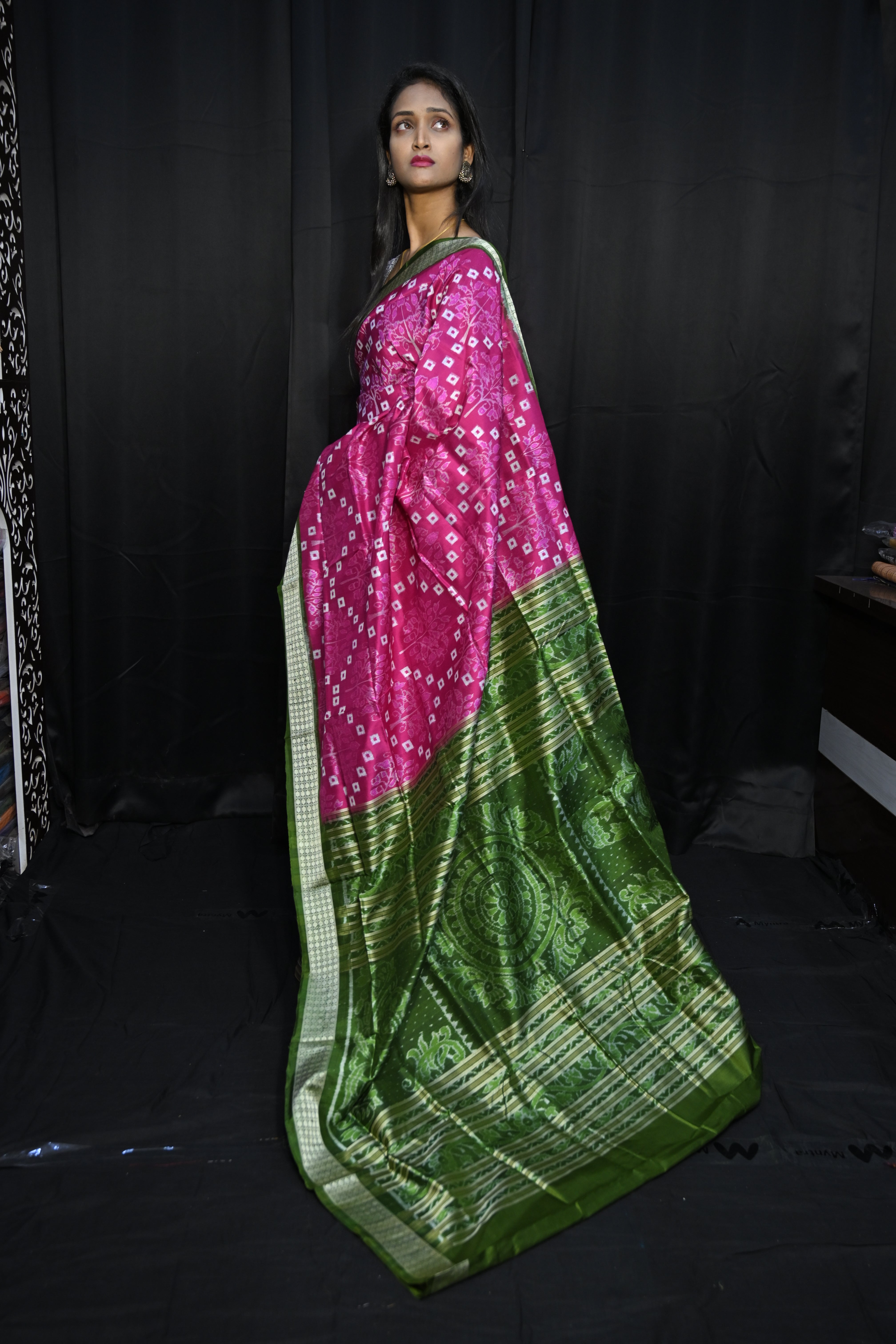 Pink Mehendi Green Pasapali And Tree Design Sambalpuri Silk Saree