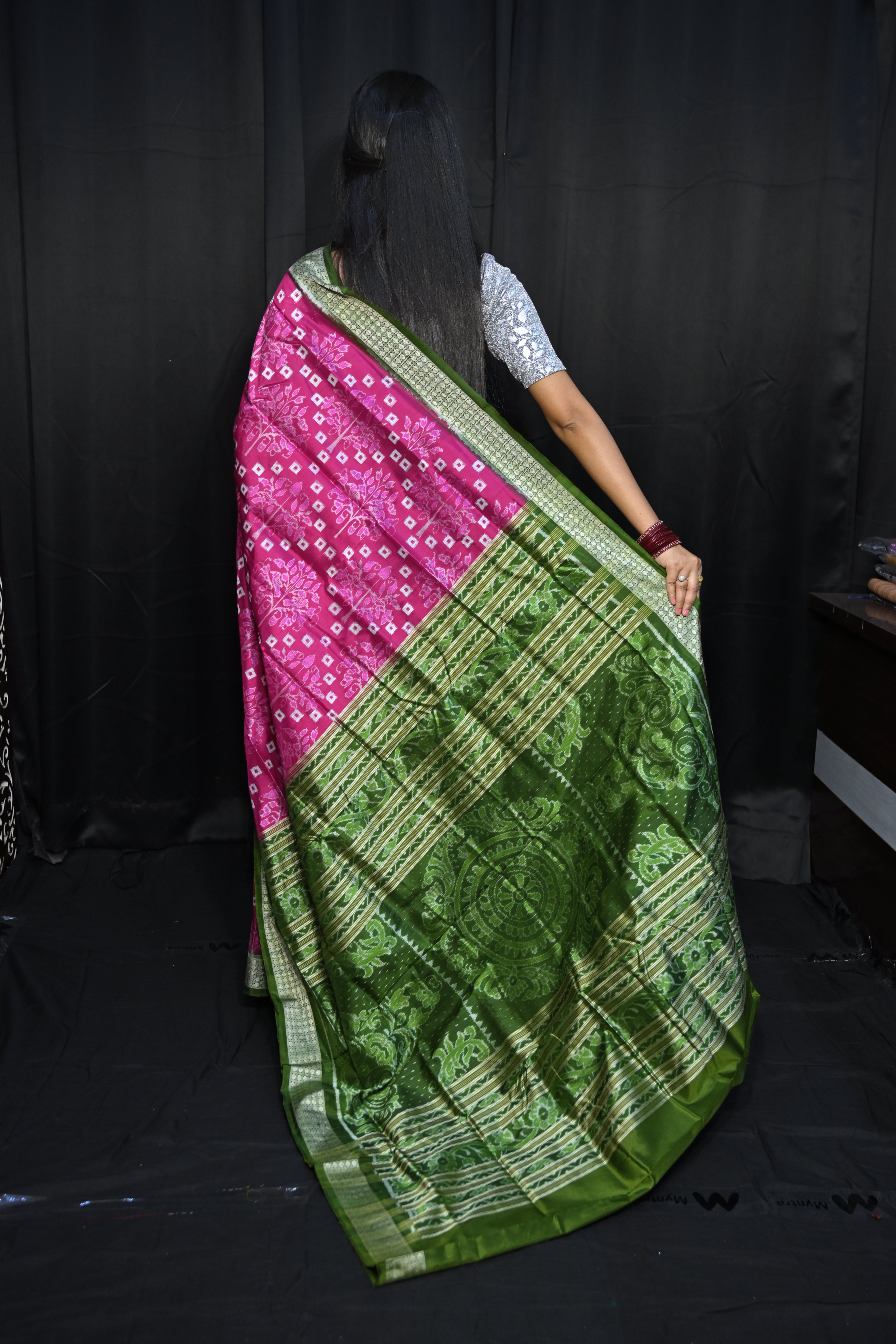 Pink Mehendi Green Pasapali And Tree Design Sambalpuri Silk Saree