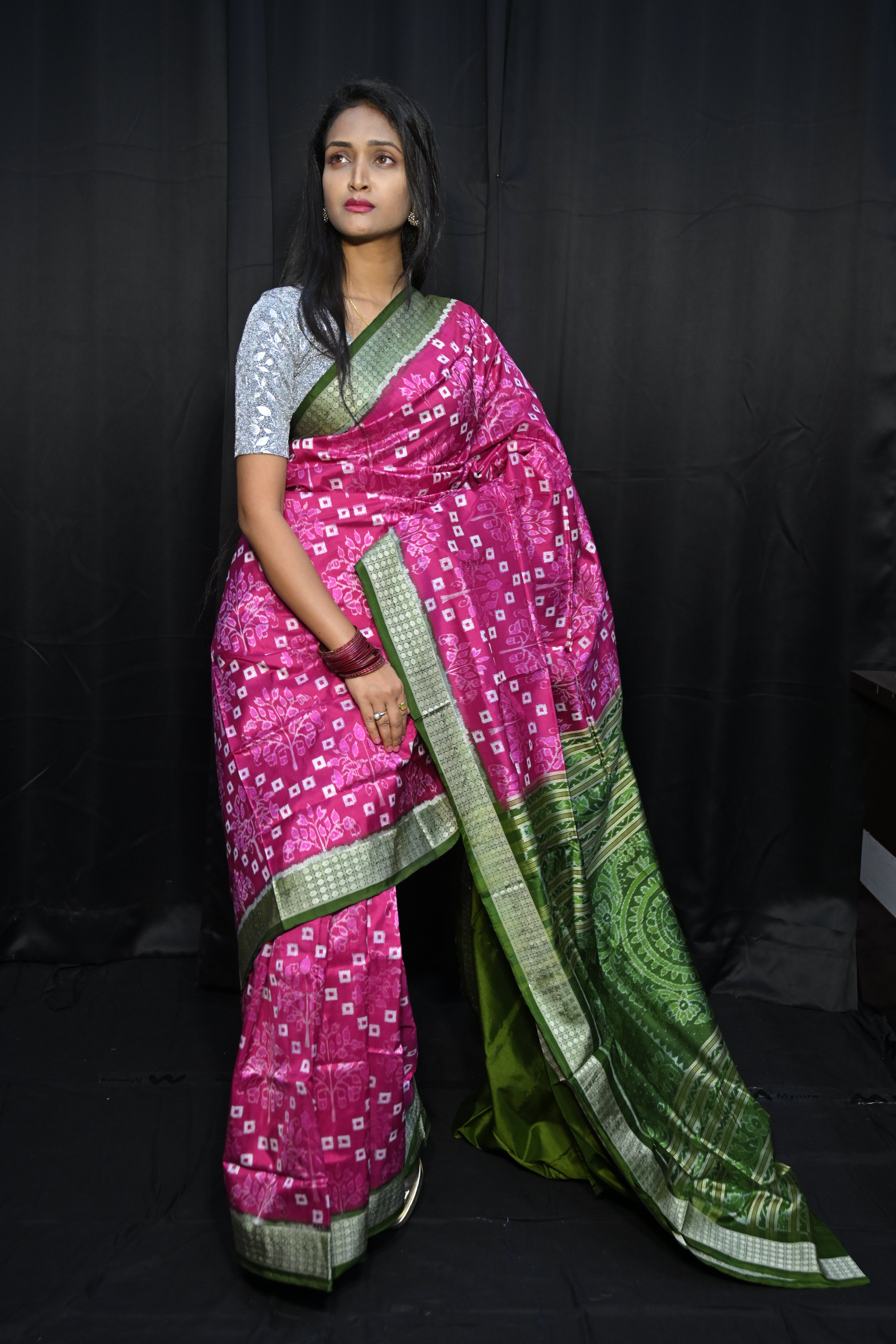 Pink Mehendi Green Pasapali And Tree Design Sambalpuri Silk Saree