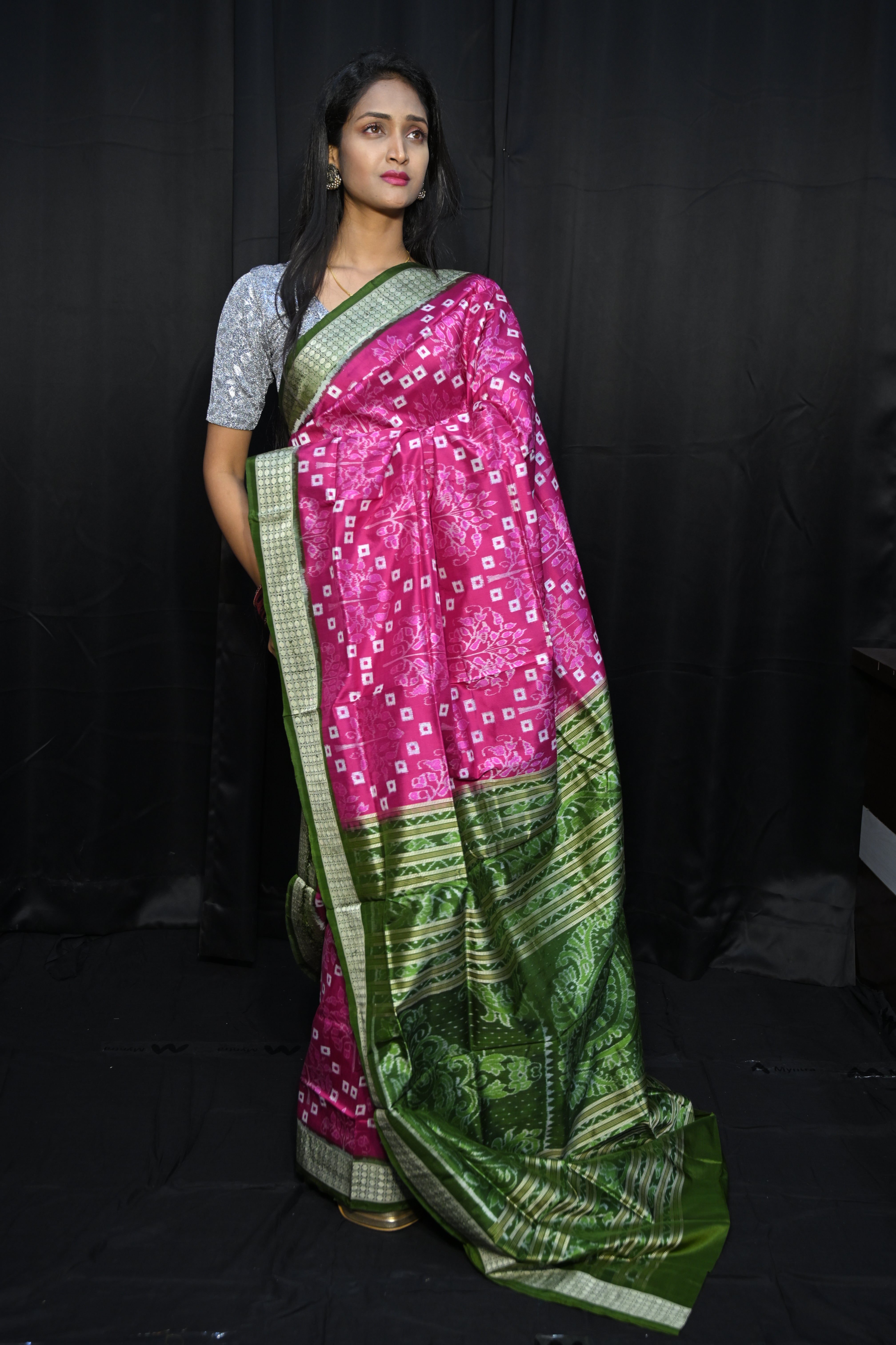 Pink Mehendi Green Pasapali And Tree Design Sambalpuri Silk Saree