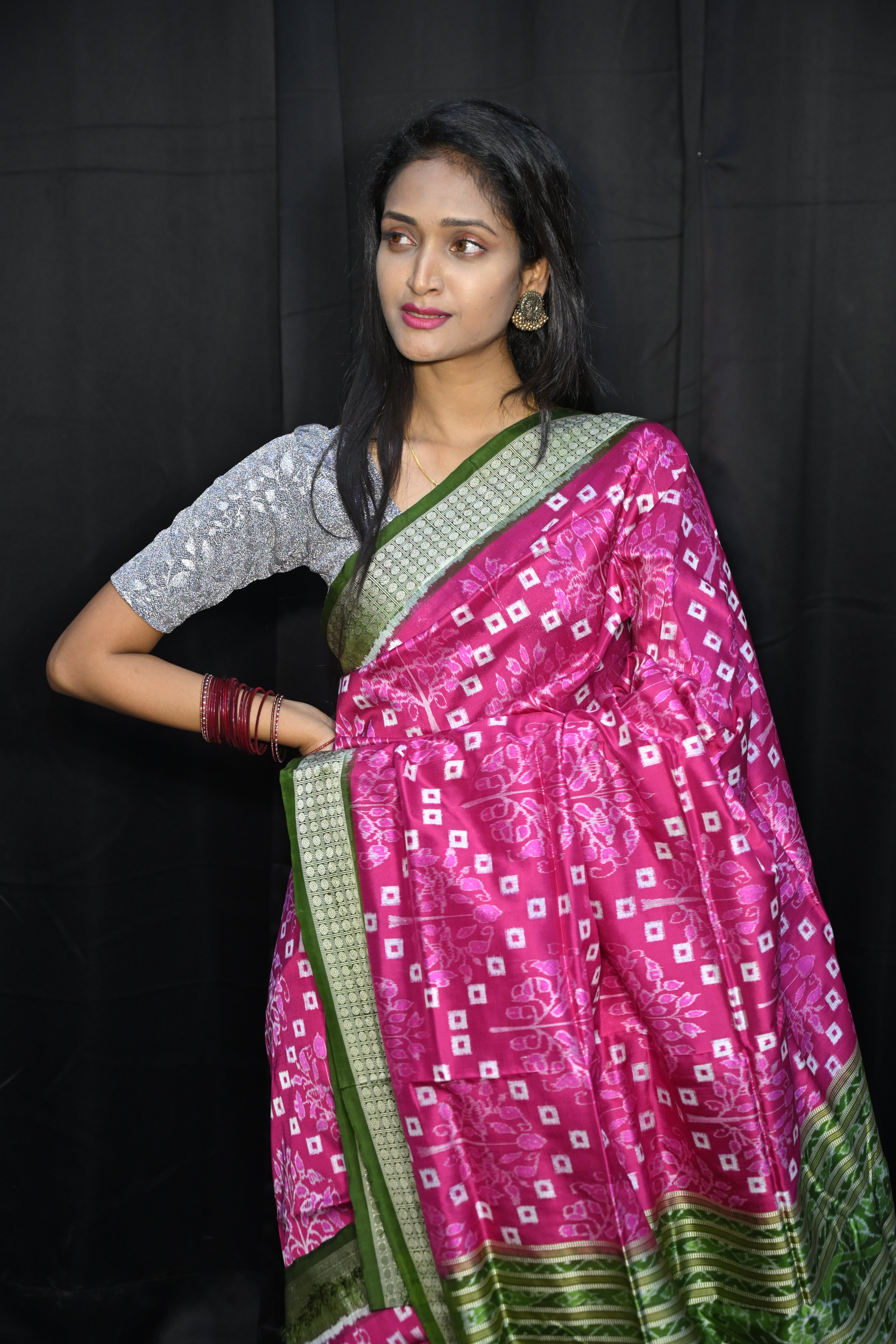 Pink Mehendi Green Pasapali And Tree Design Sambalpuri Silk Saree