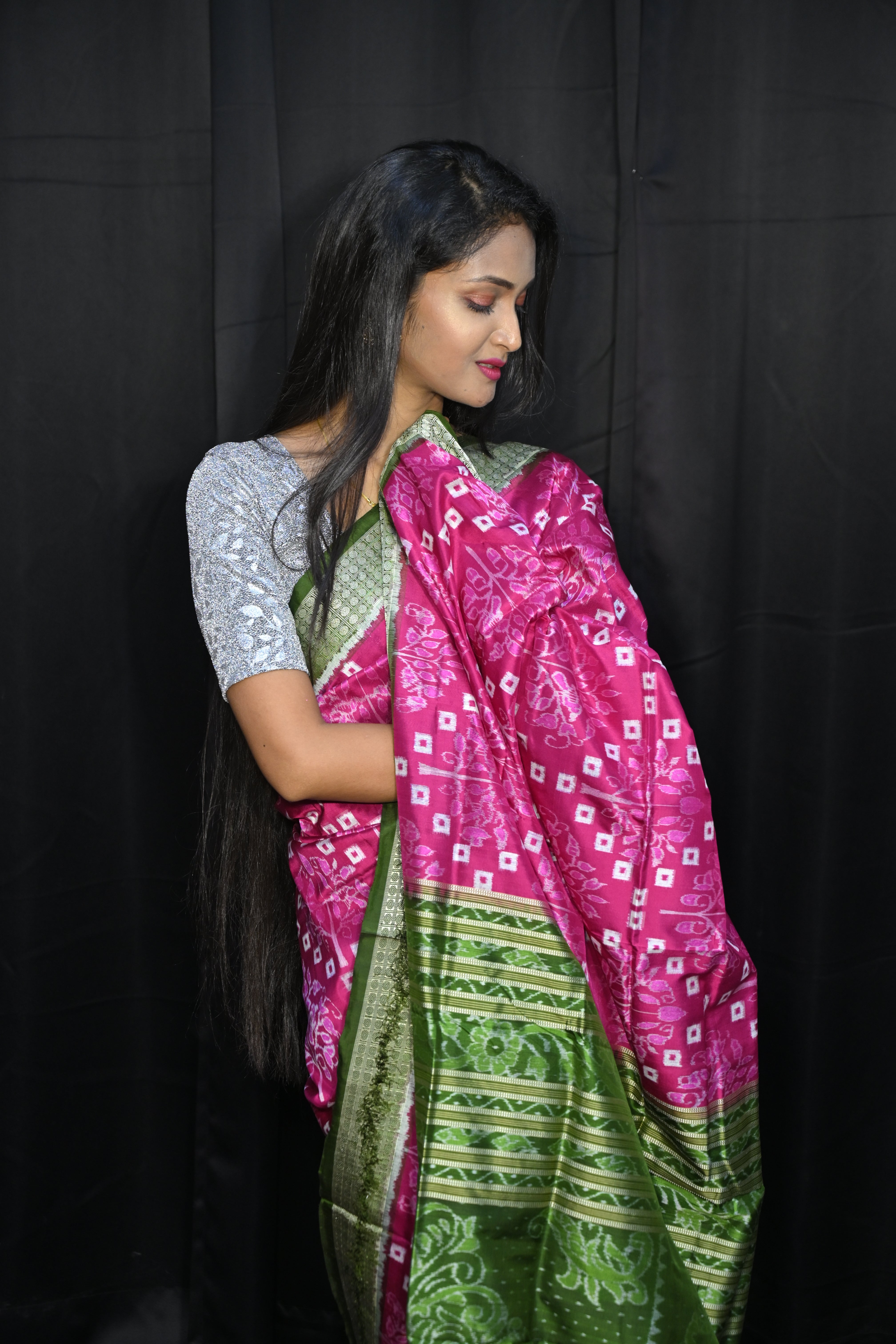 Pink Mehendi Green Pasapali And Tree Design Sambalpuri Silk Saree