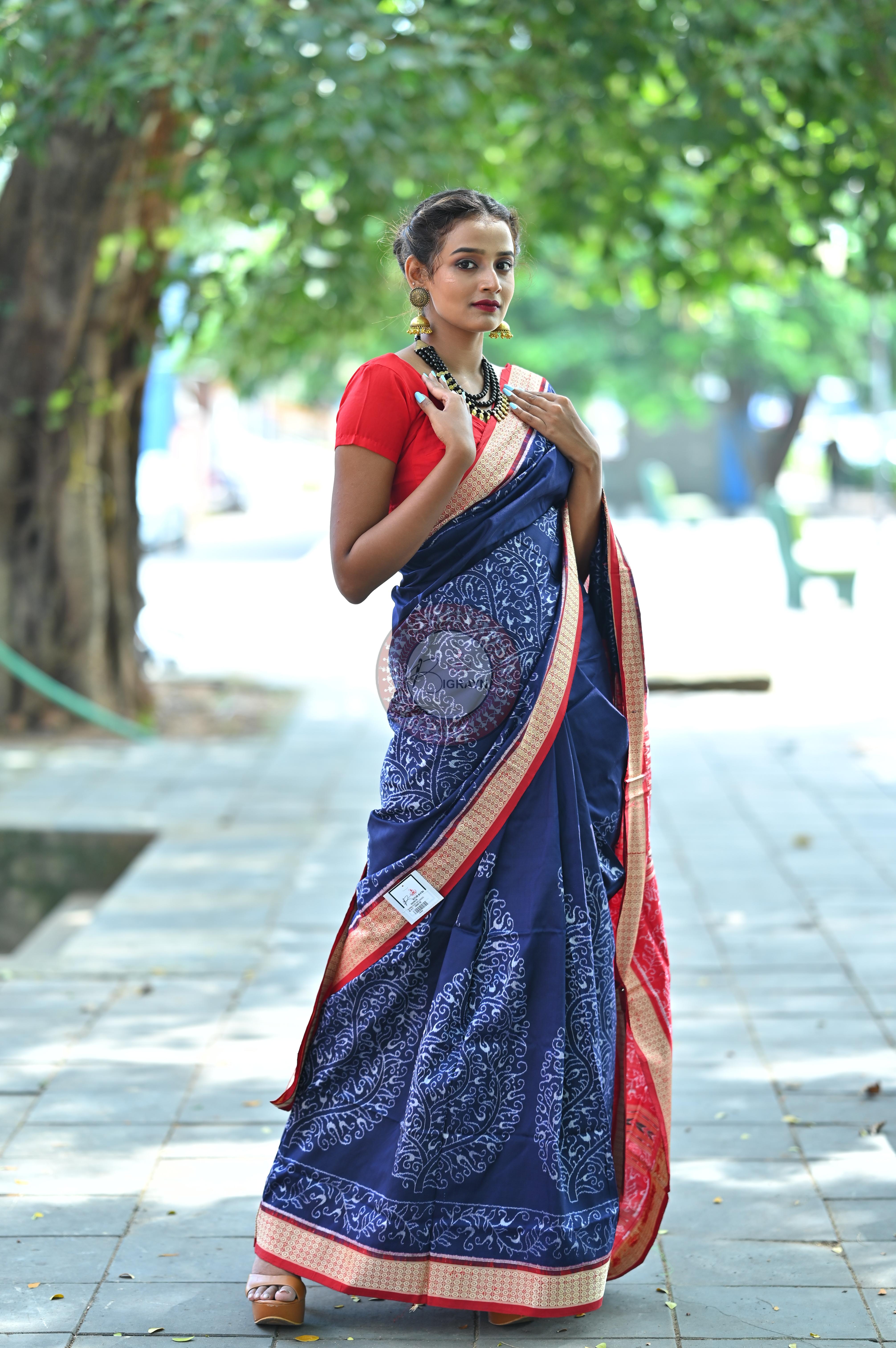 Navy and Red Parsley Sambalpuri Silk Saree