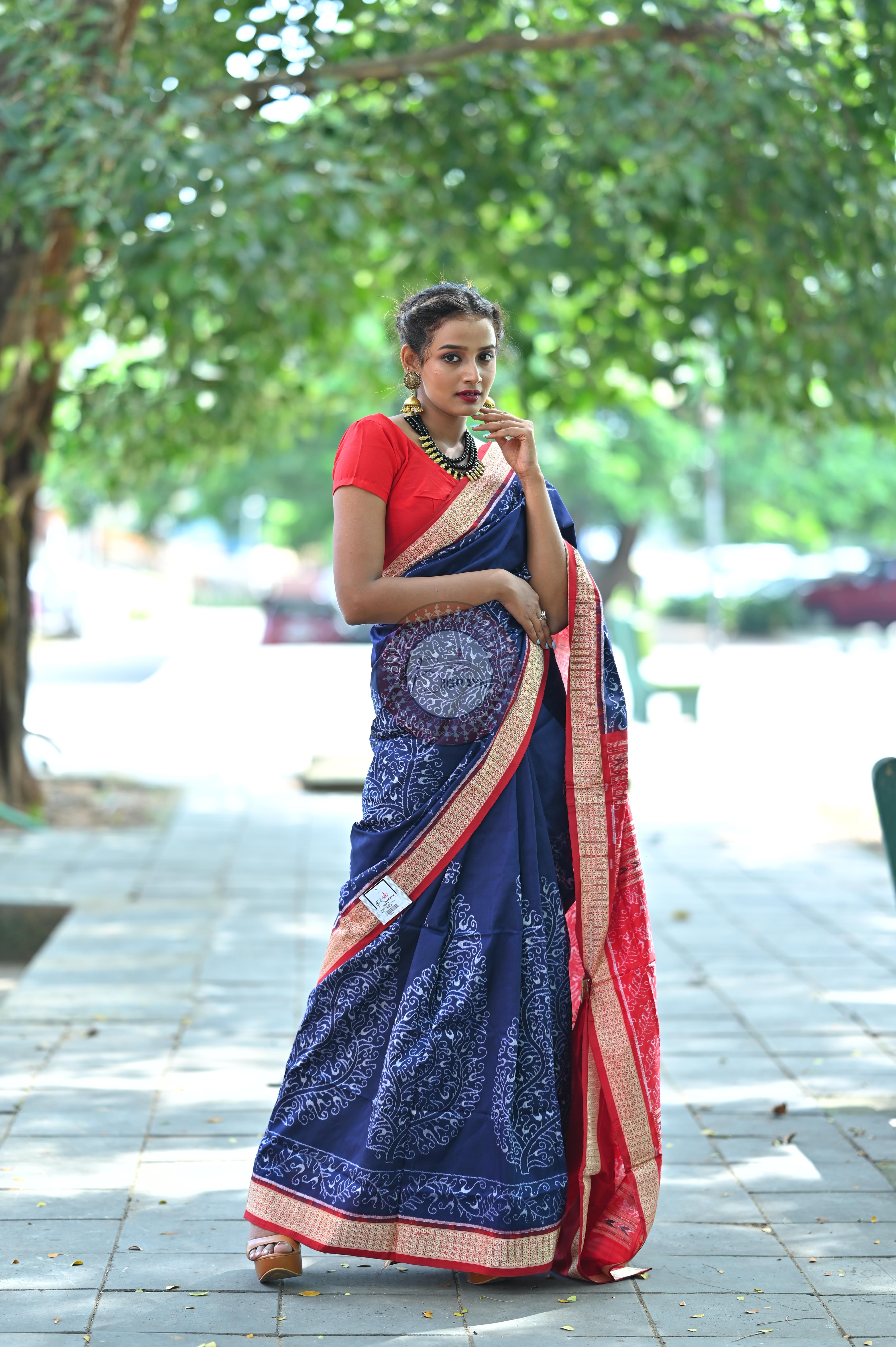 Navy and Red Parsley Sambalpuri Silk Saree