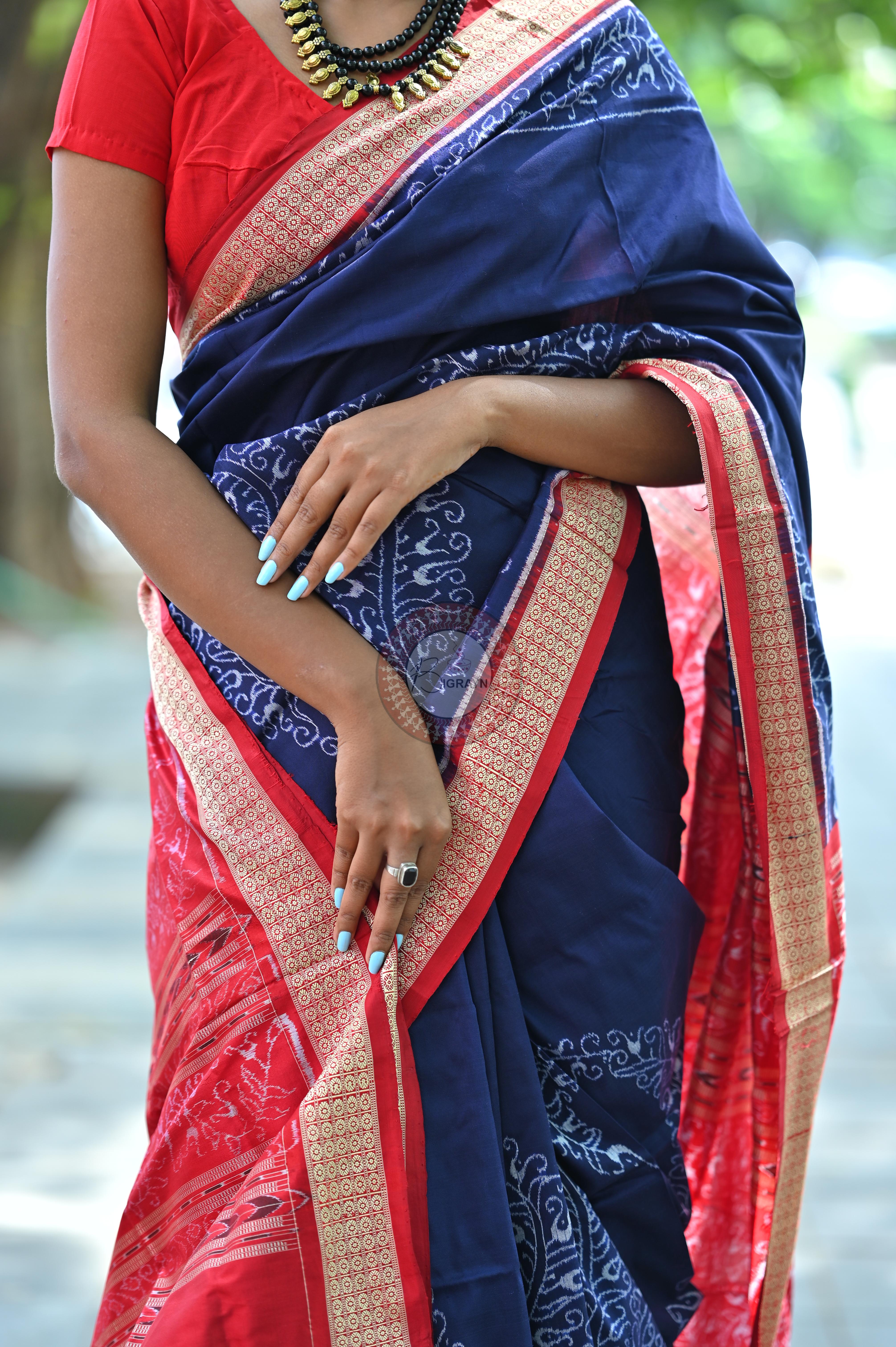 Navy and Red Parsley Sambalpuri Silk Saree