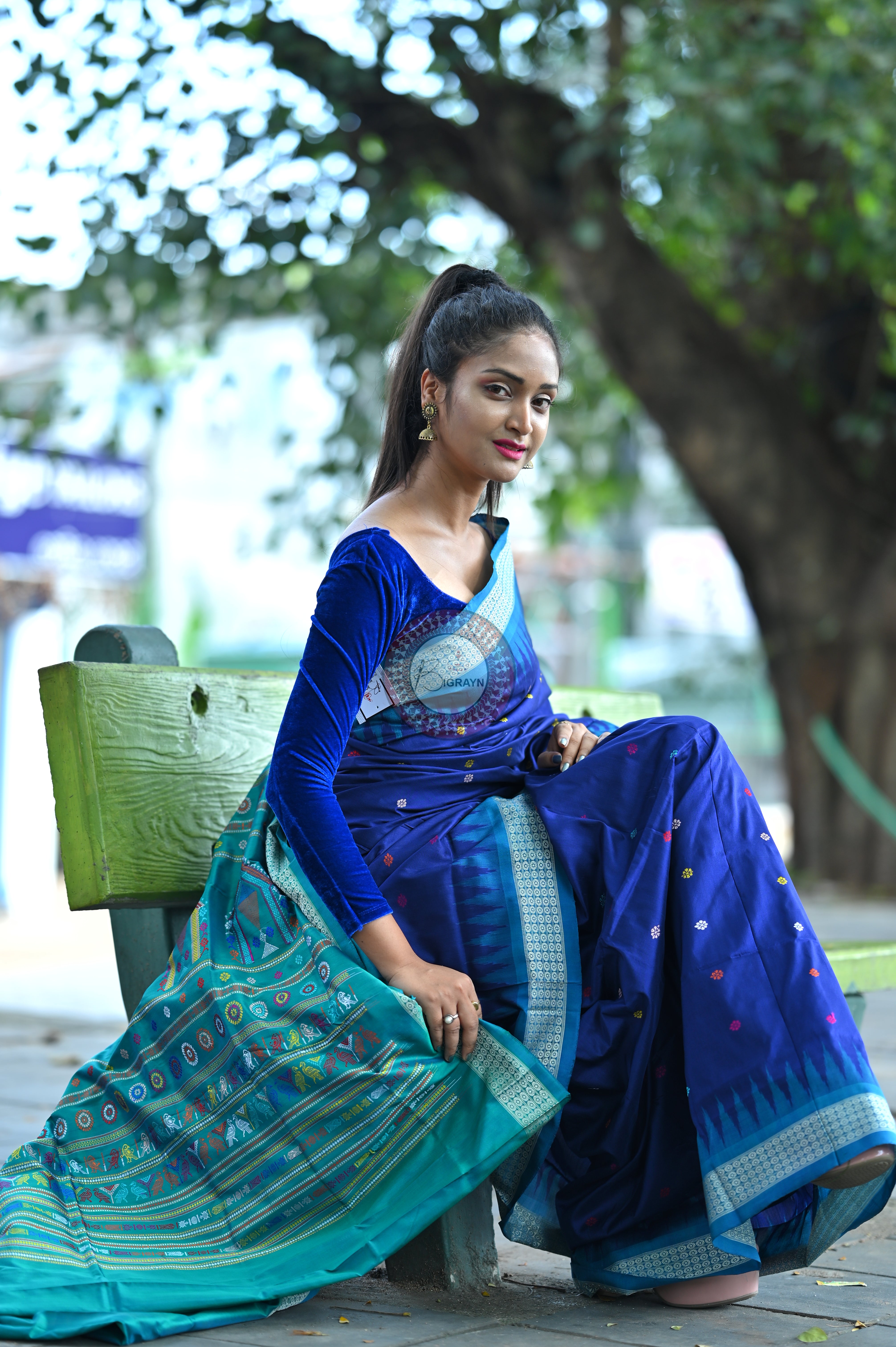 Navy Blue Teal Dolabedi Silk Saree