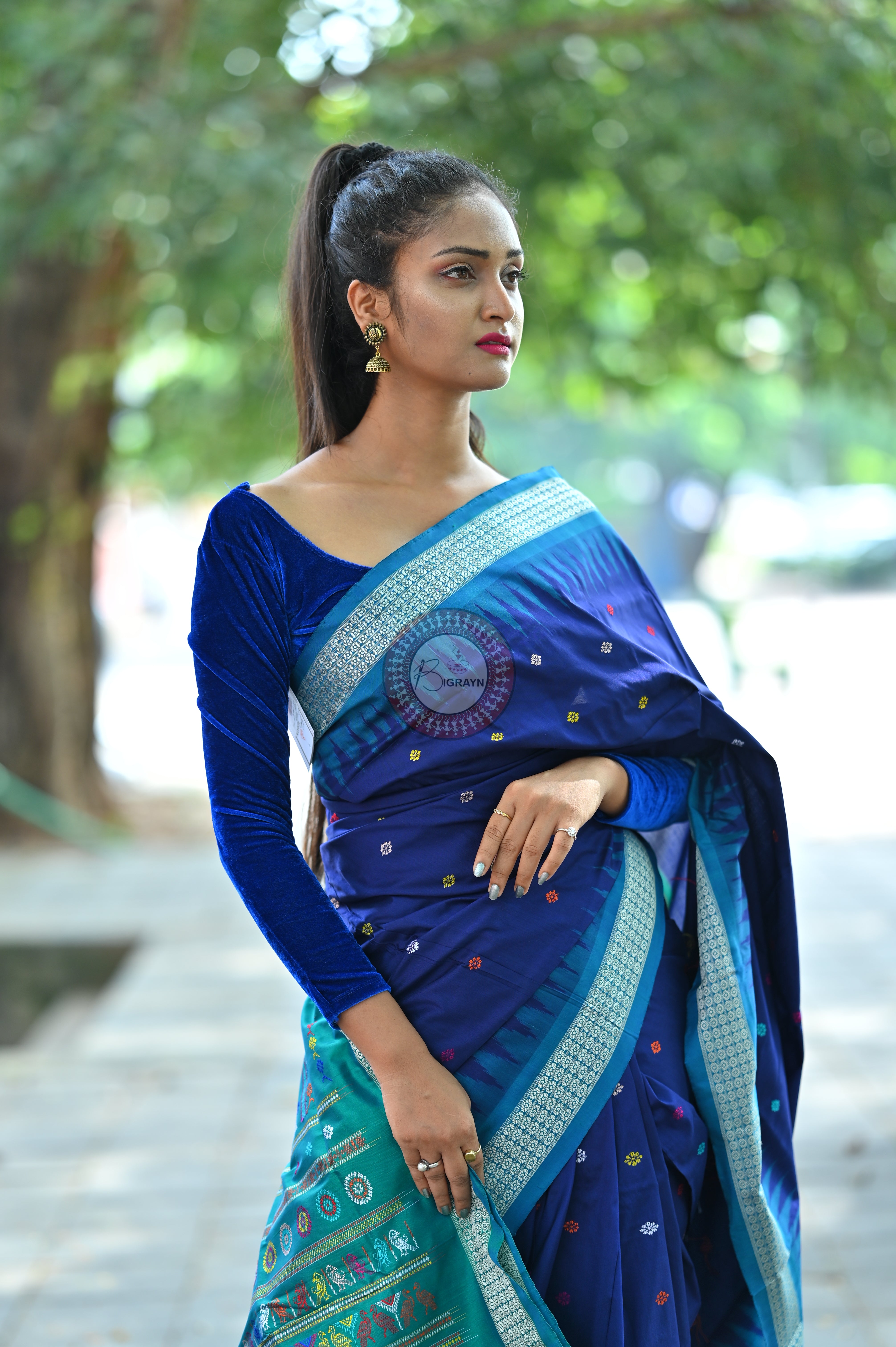 Navy Blue Teal Dolabedi Silk Saree