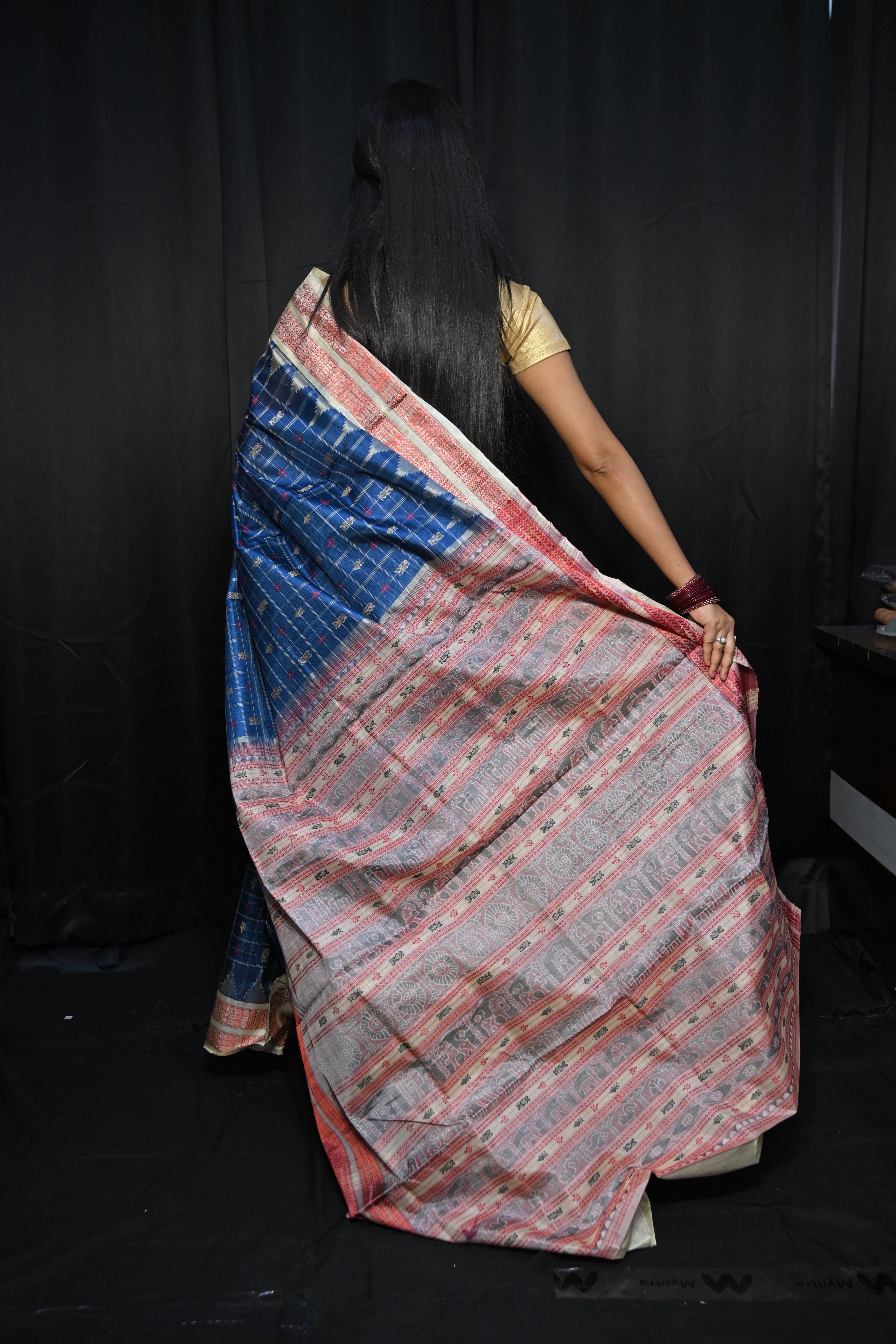 Teal Blue Creame Hazarbuti Tussar Silk Saree
