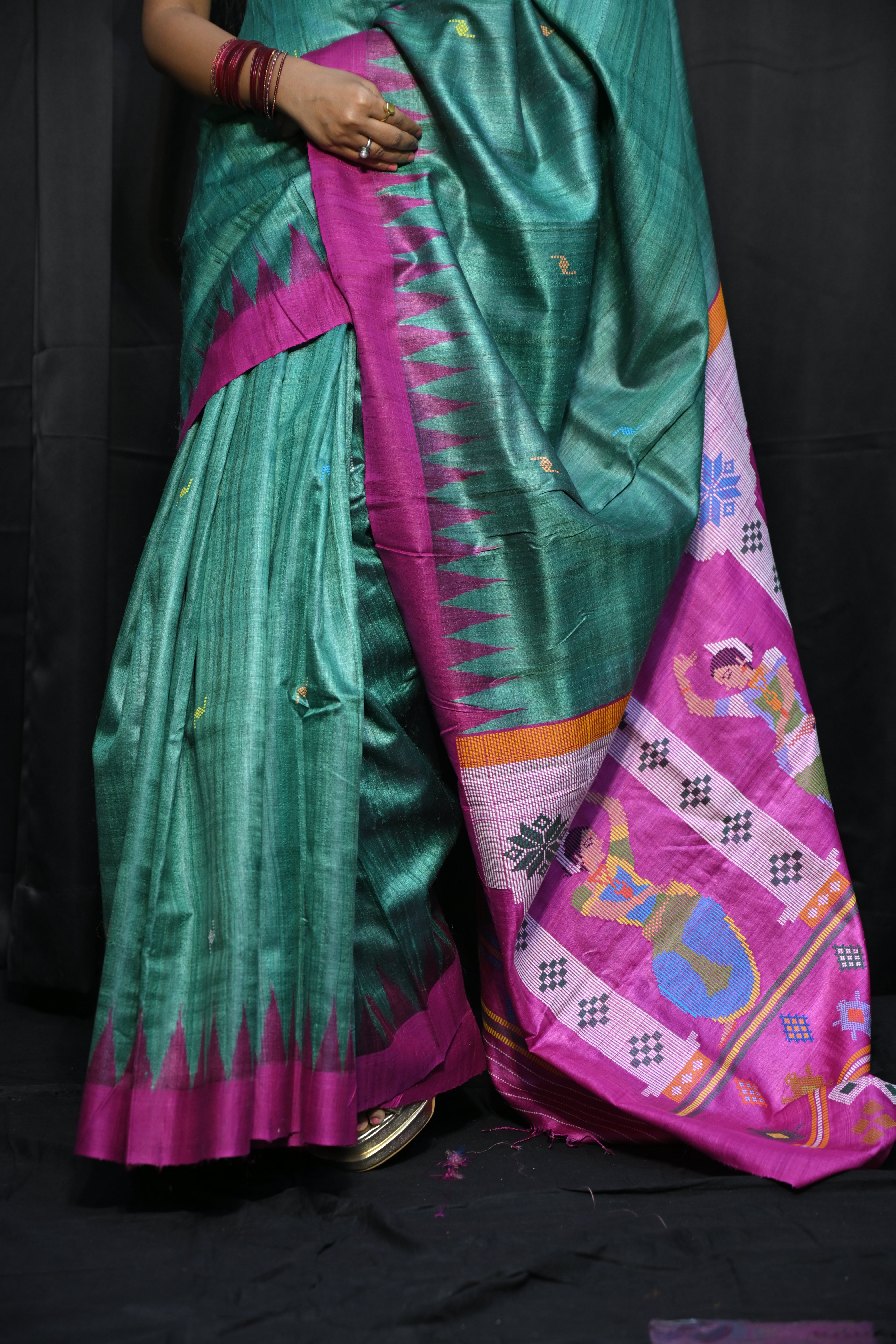 Rama Green Magenta Dancer Dessign Gopalpur Fine Tussar Silk Saree