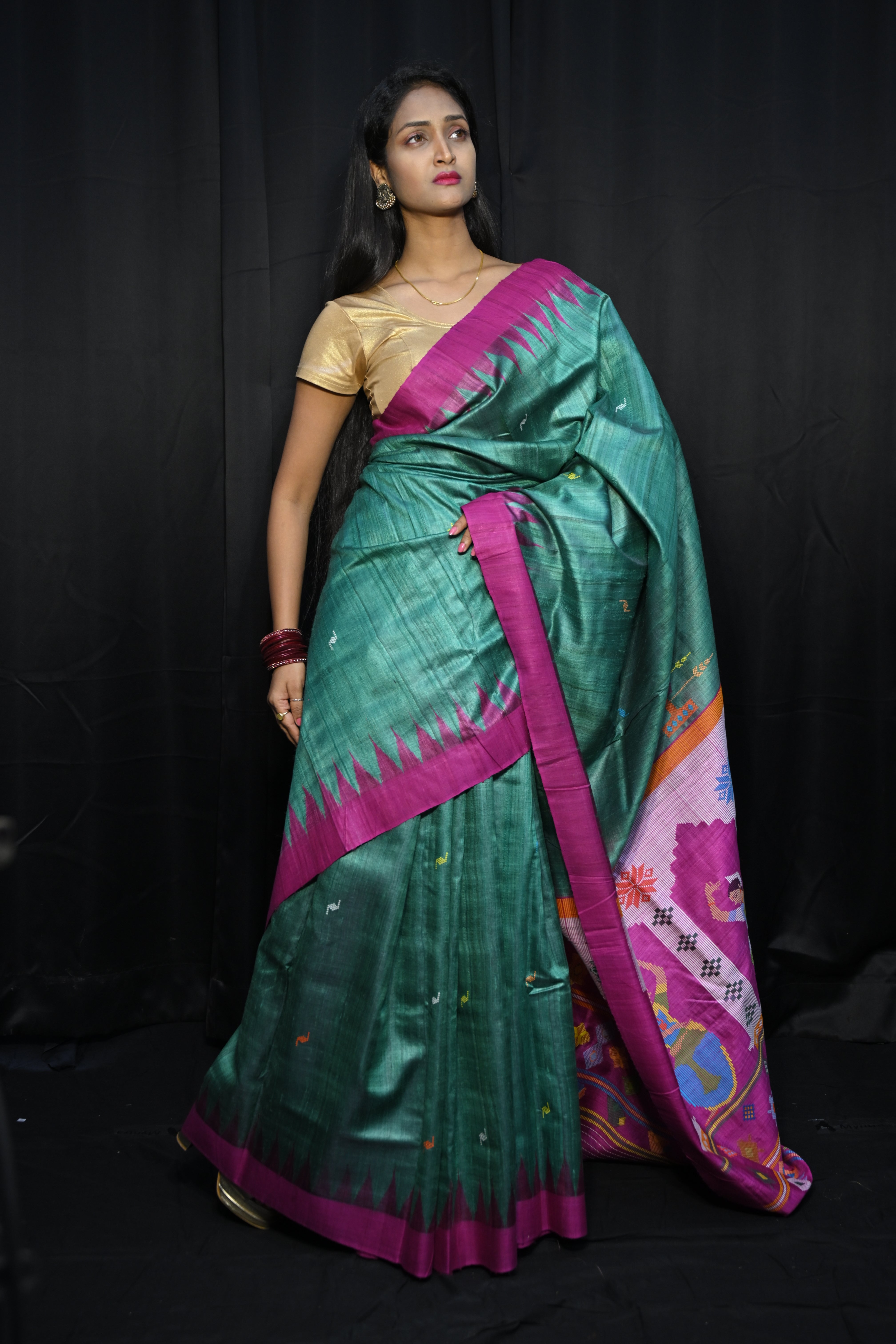 Rama Green Magenta Dancer Dessign Gopalpur Fine Tussar Silk Saree