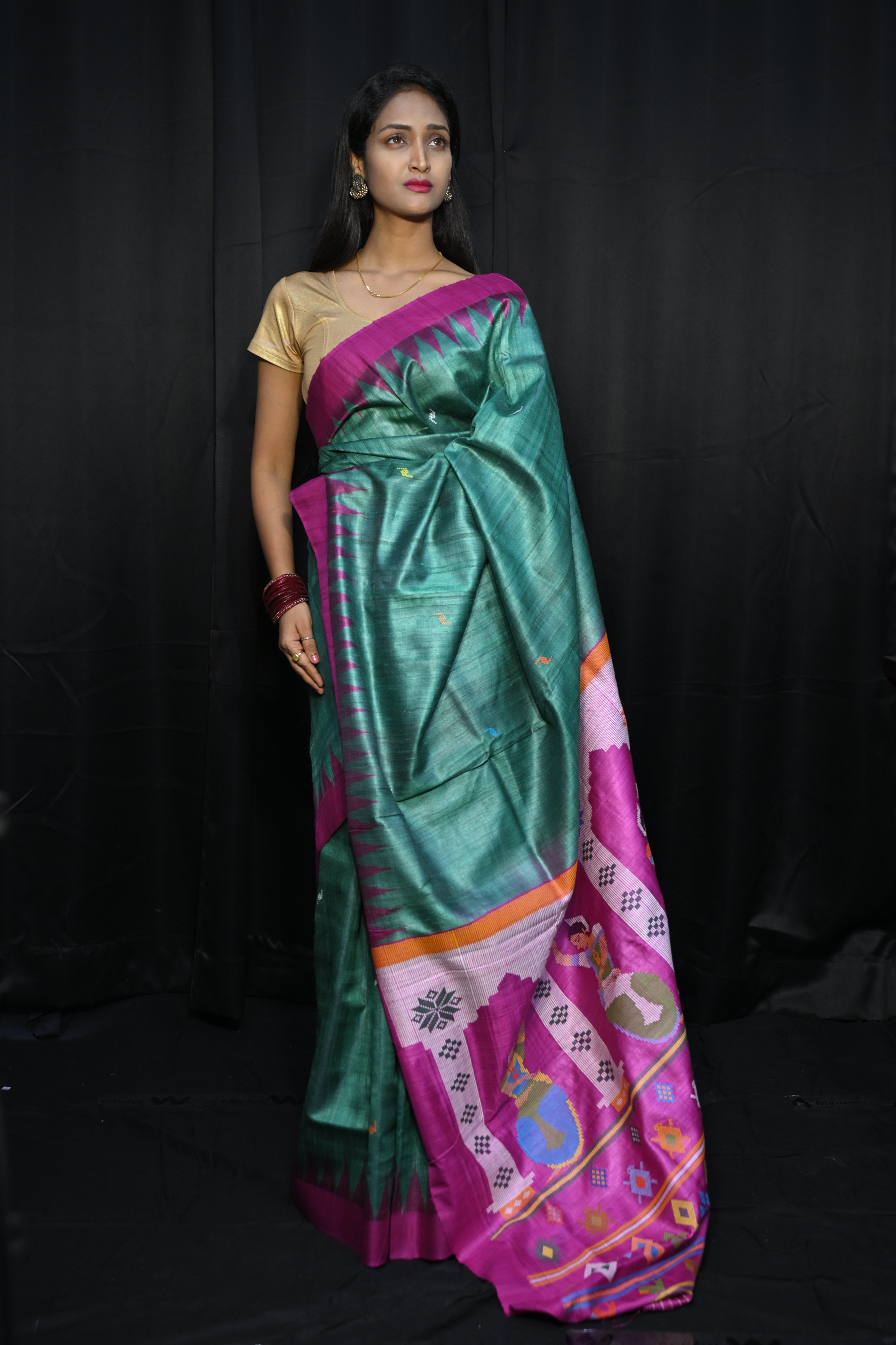 Rama Green Magenta Dancer Dessign Gopalpur Fine Tussar Silk Saree