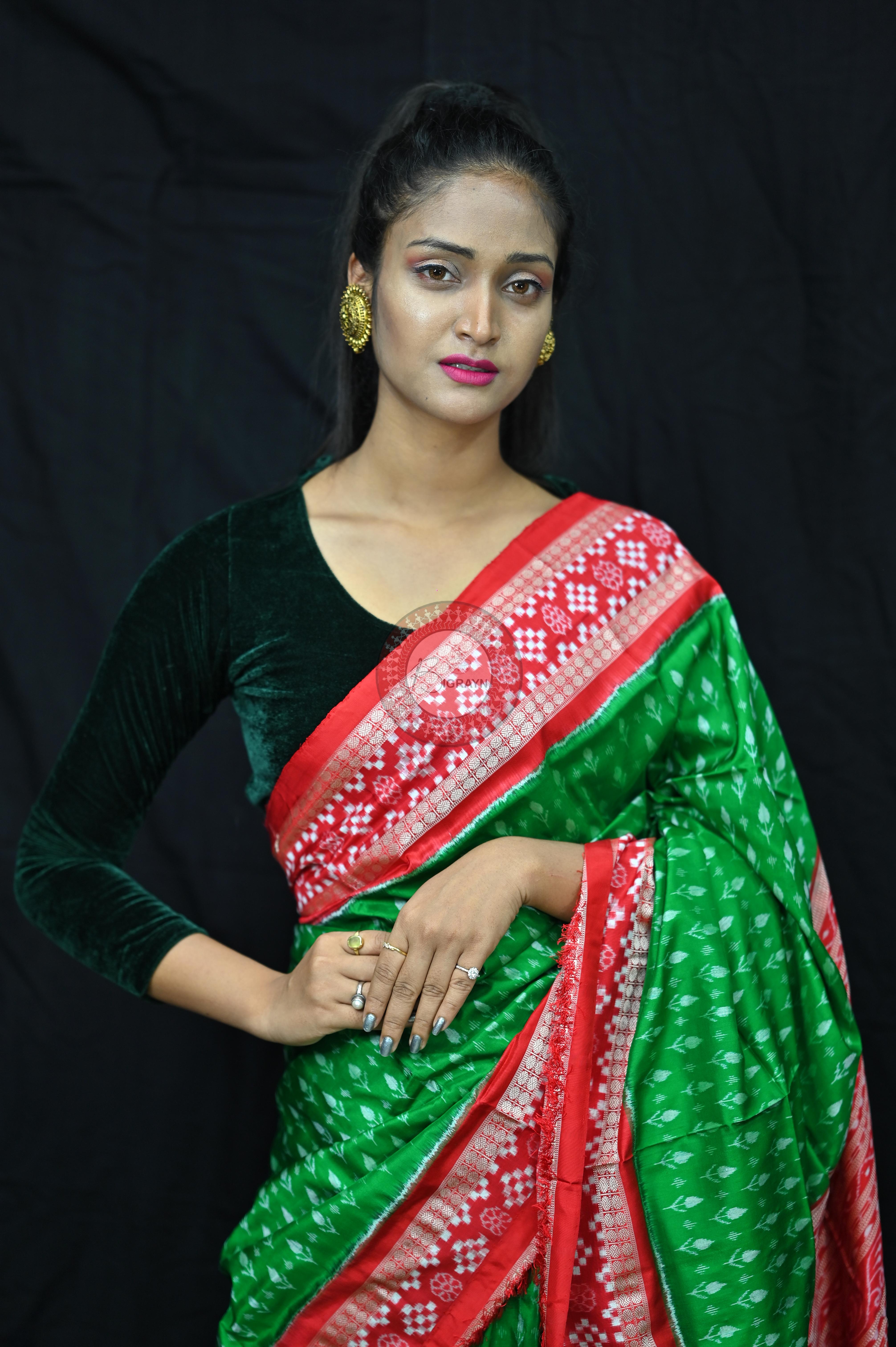 Green Red Flower Kadhi Sakta Border Sambalpuri Silk Saree