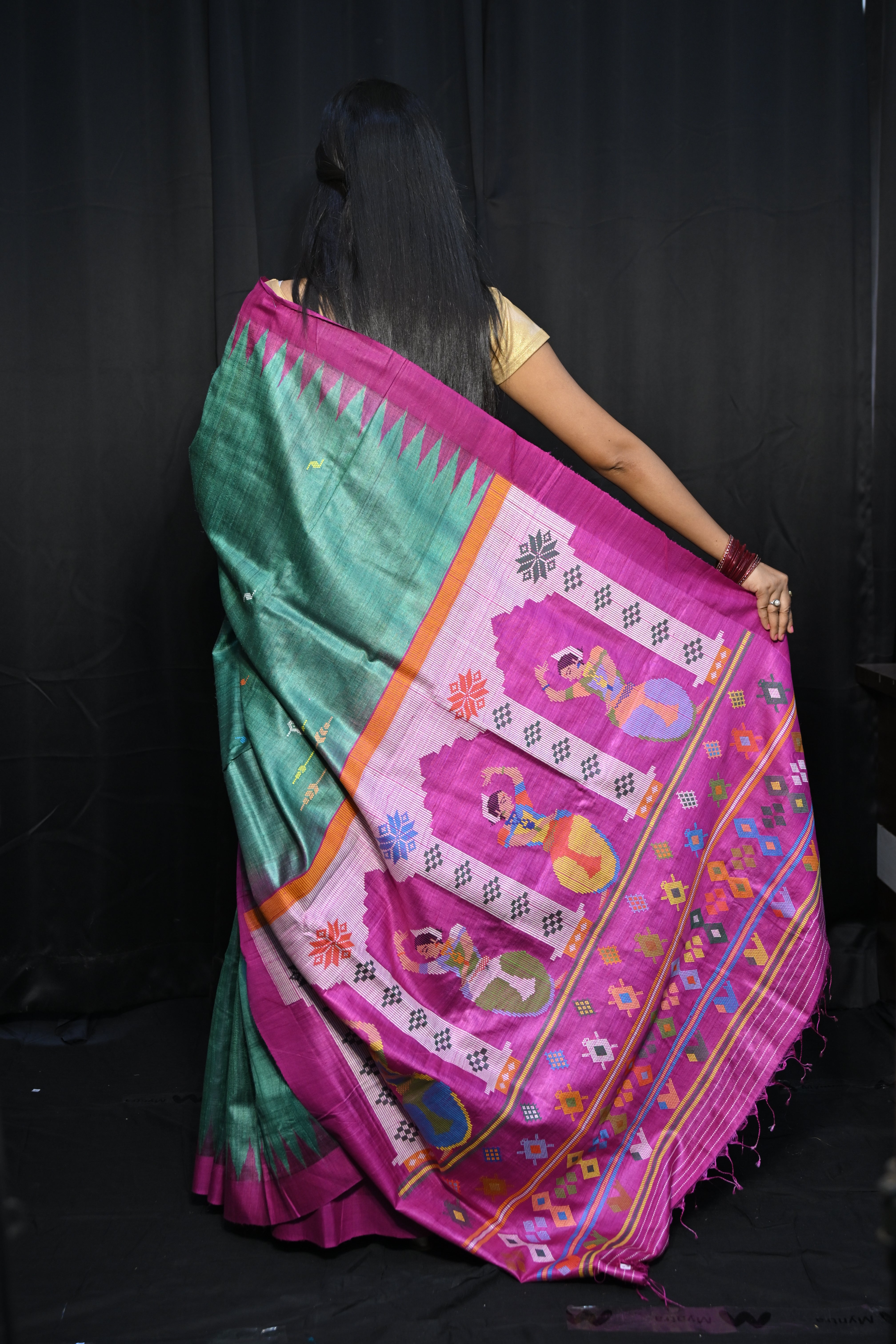 Rama Green Magenta Dancer Dessign Gopalpur Fine Tussar Silk Saree