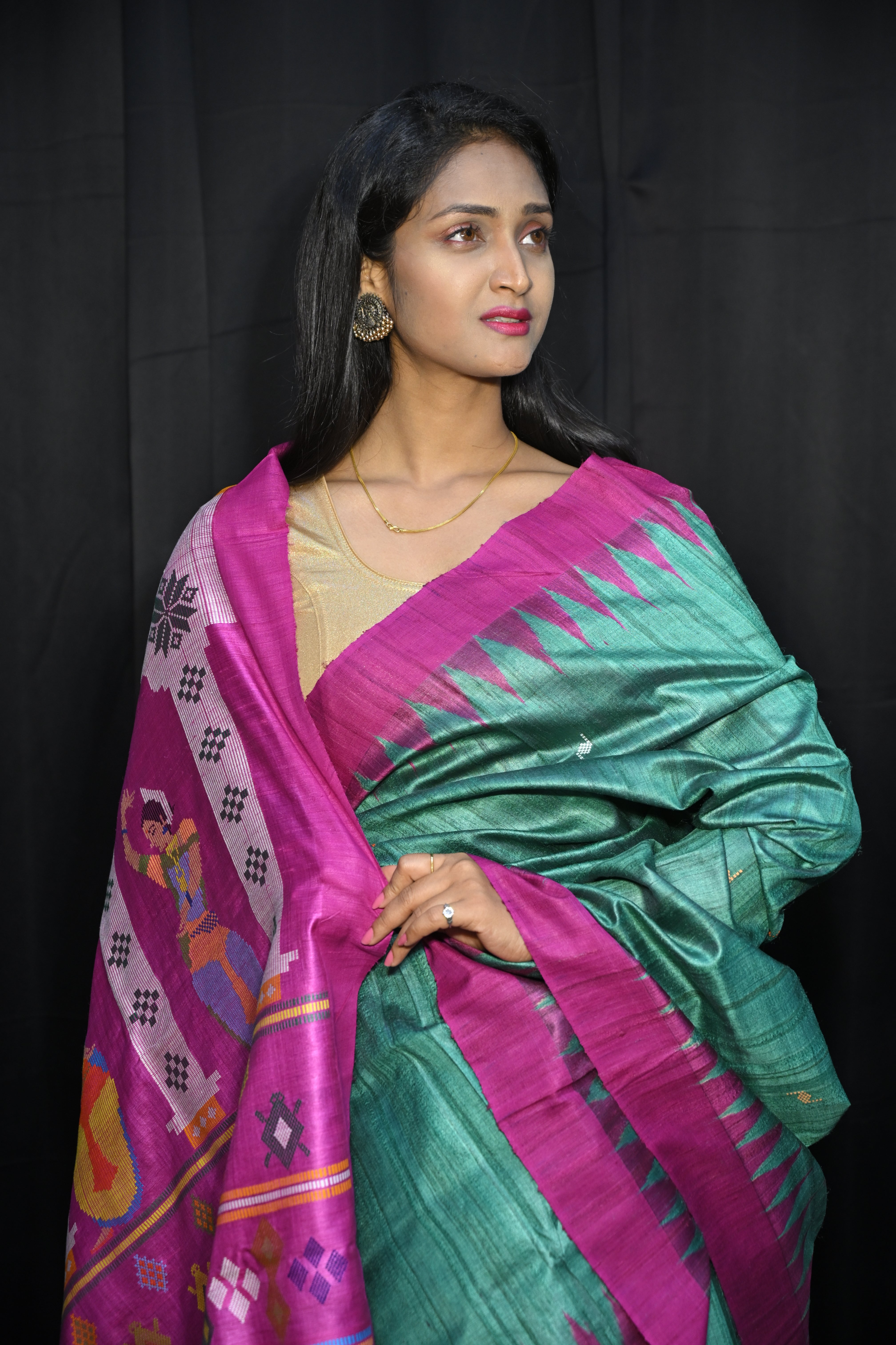 Rama Green Magenta Dancer Dessign Gopalpur Fine Tussar Silk Saree
