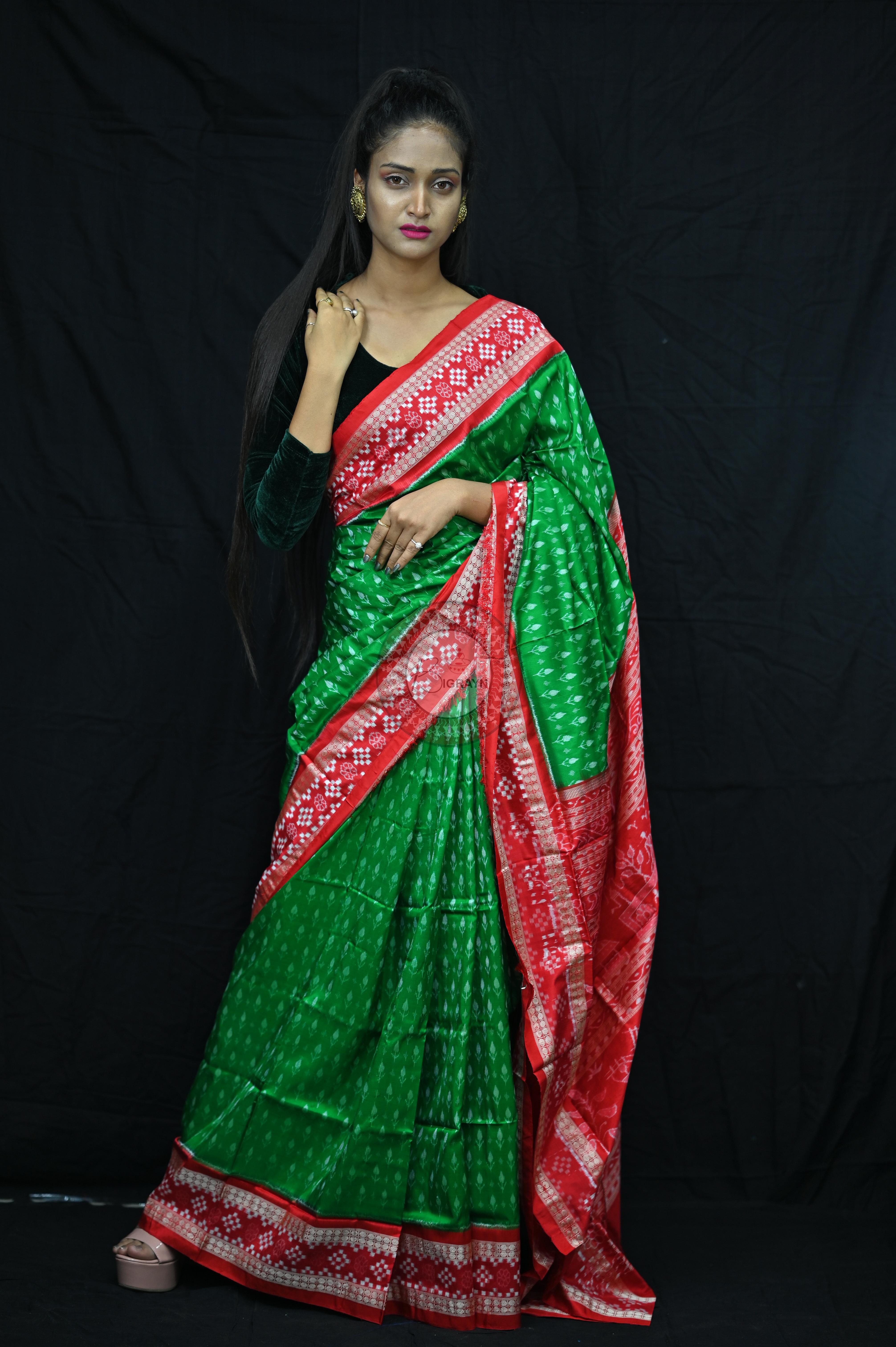 Green Red Flower Kadhi Sakta Border Sambalpuri Silk Saree