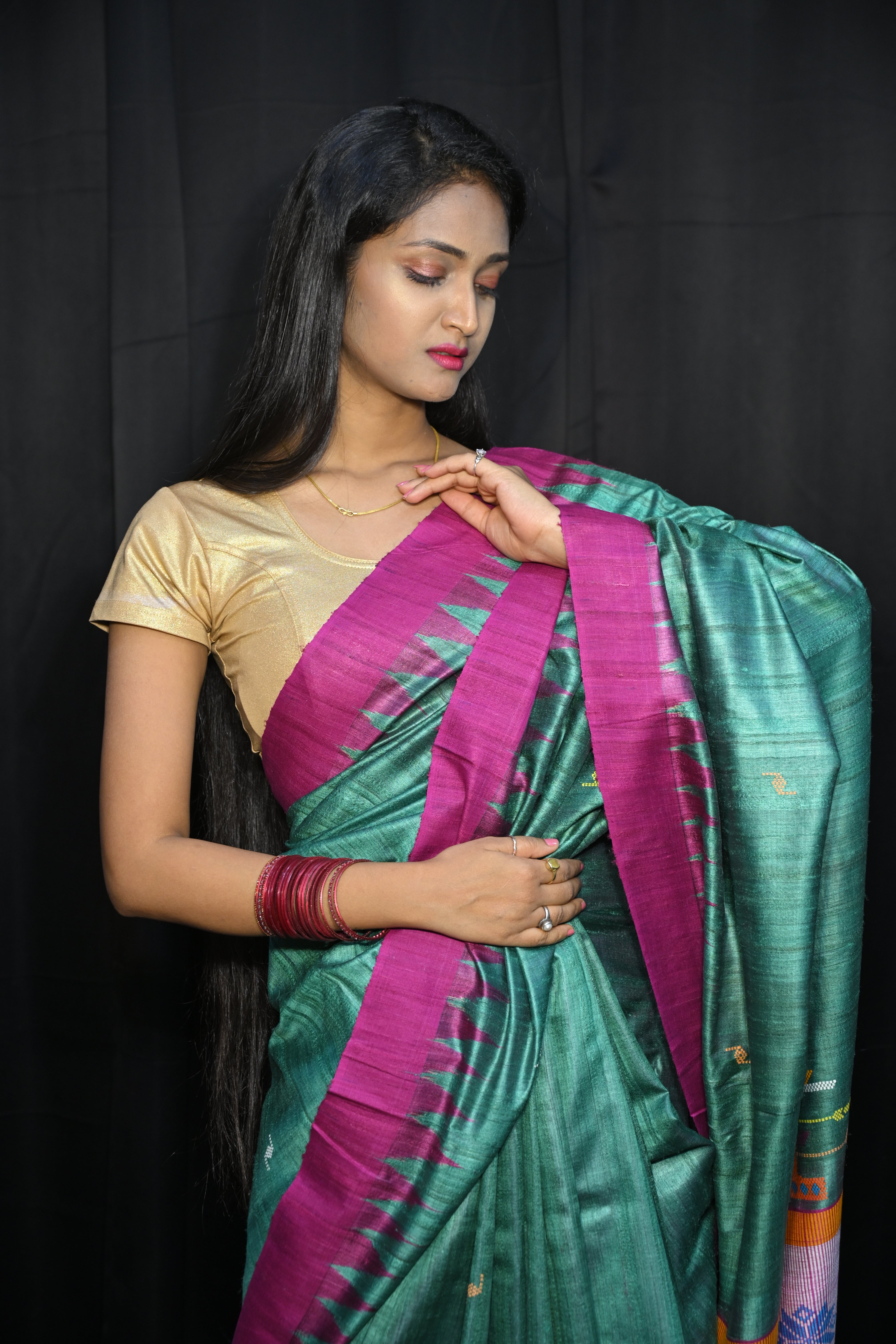 Rama Green Magenta Dancer Dessign Gopalpur Fine Tussar Silk Saree