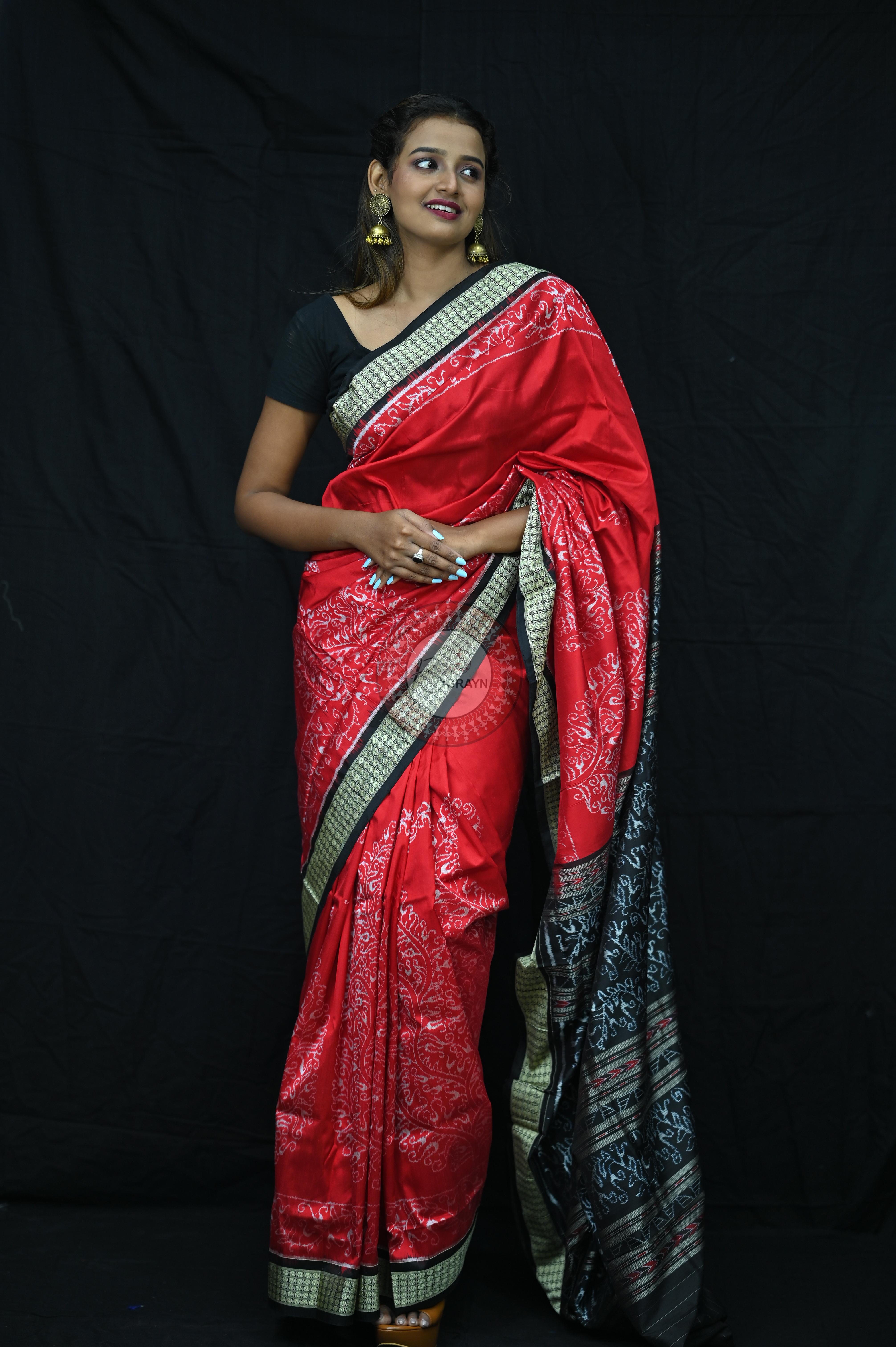 Red Sambalpuri Parsley (Ambua Patta) Sambalpuri Silk Sare