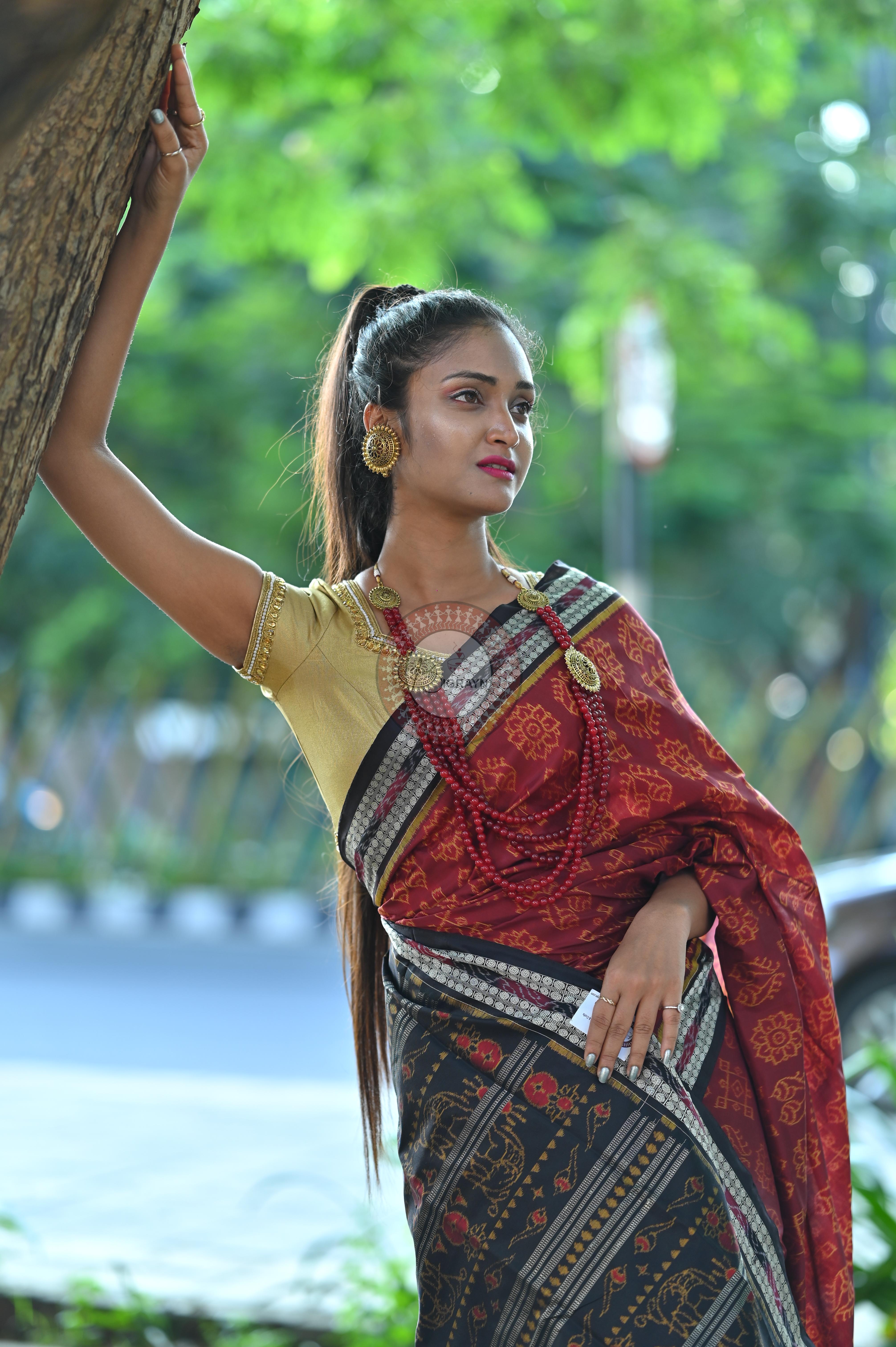 Maroon Black Laxmi Pada And Jhoti Sambalpuri Silk Saree