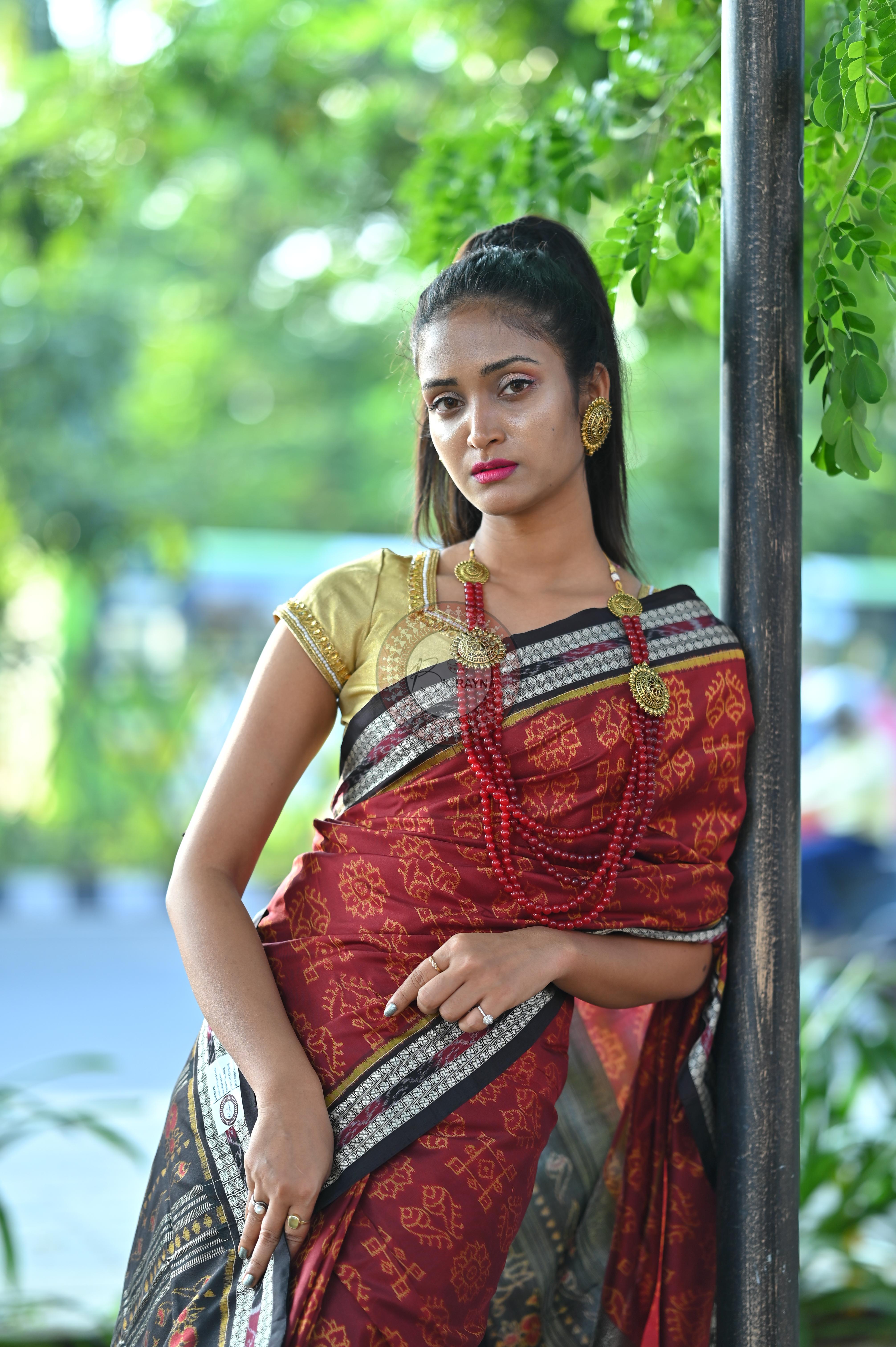Maroon Black Laxmi Pada And Jhoti Sambalpuri Silk Saree