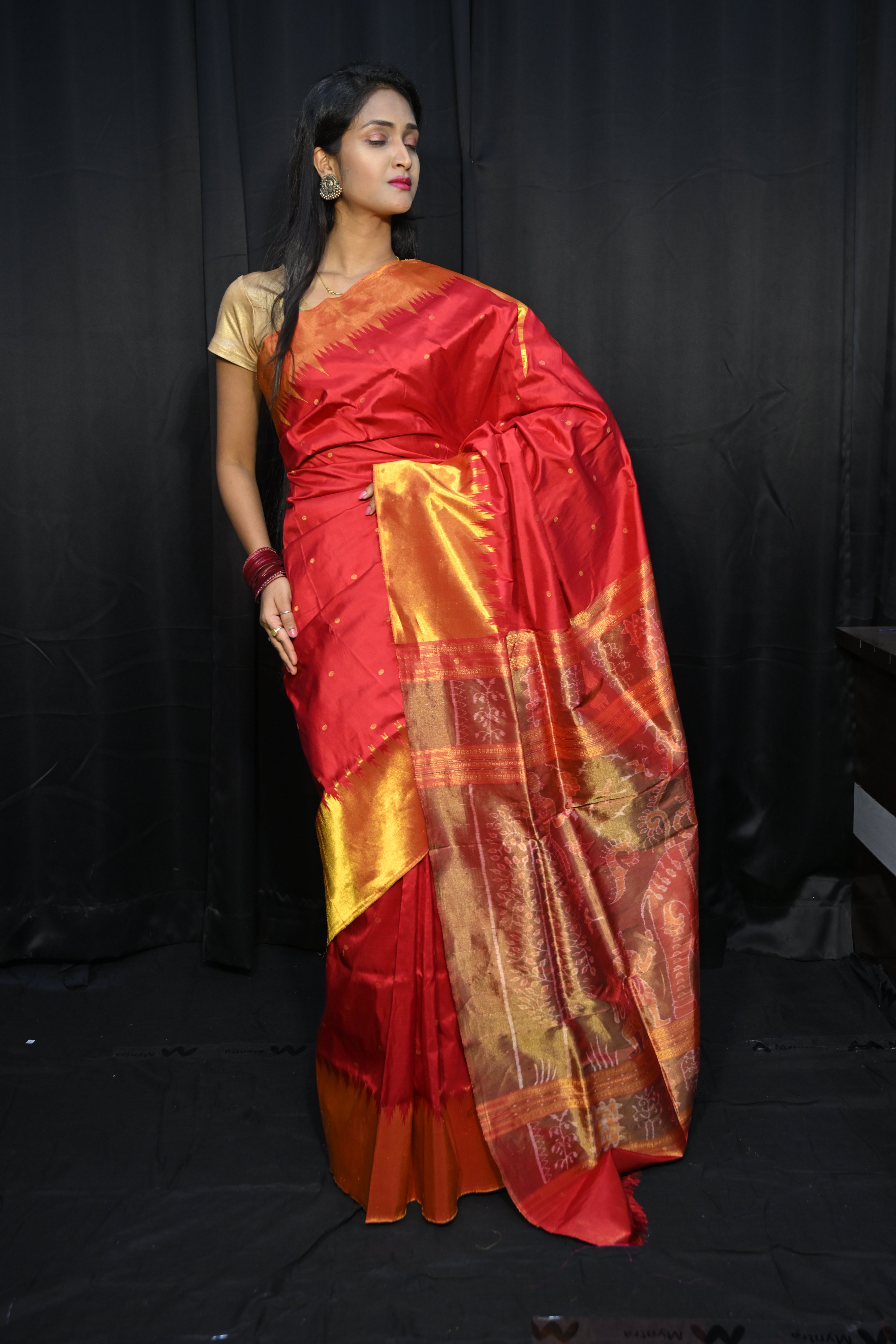 Red Golden Phoda Kumbha Half Tissue Sambalpuri Silk Saree