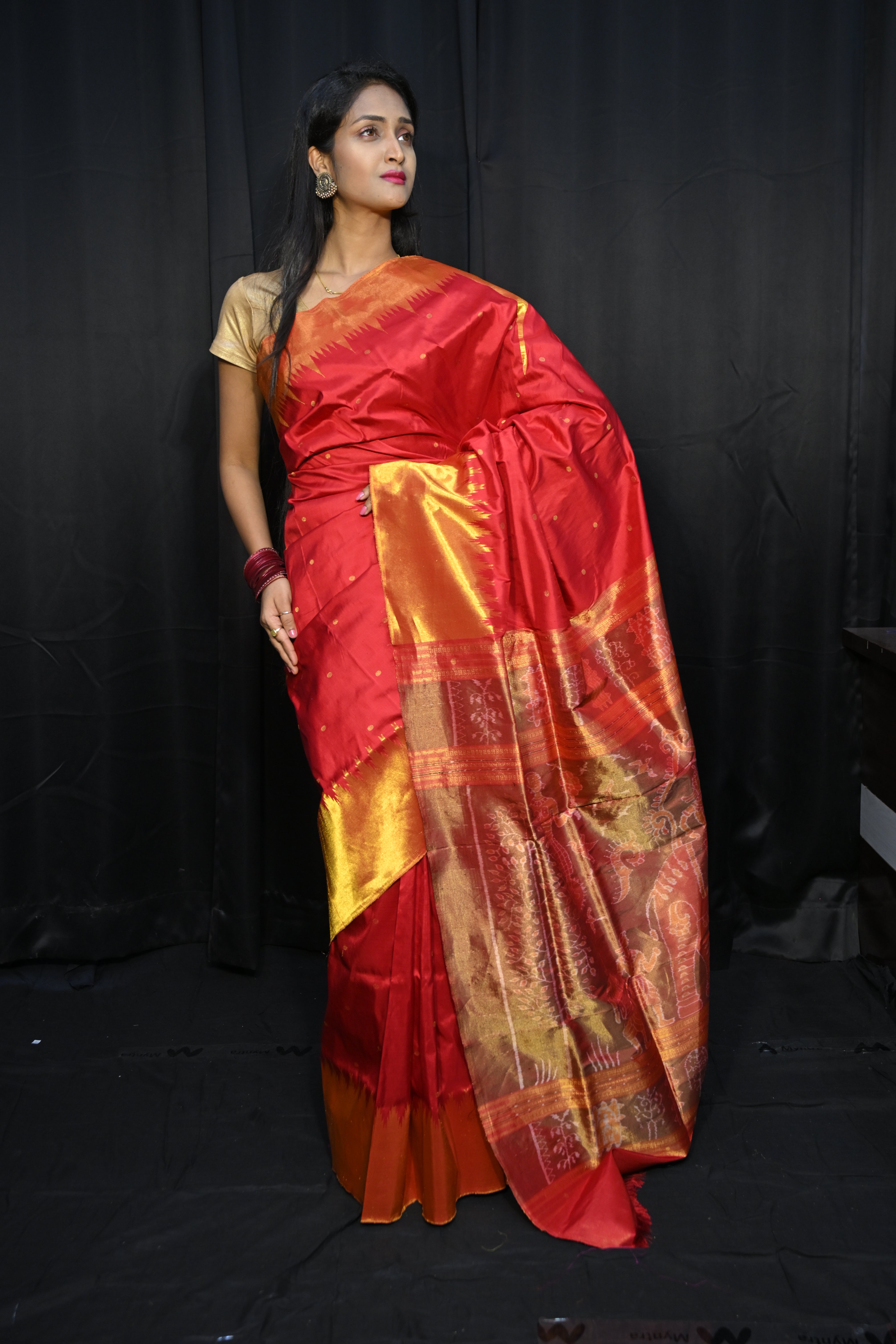 Red Golden Phoda Kumbha Half Tissue Sambalpuri Silk Saree