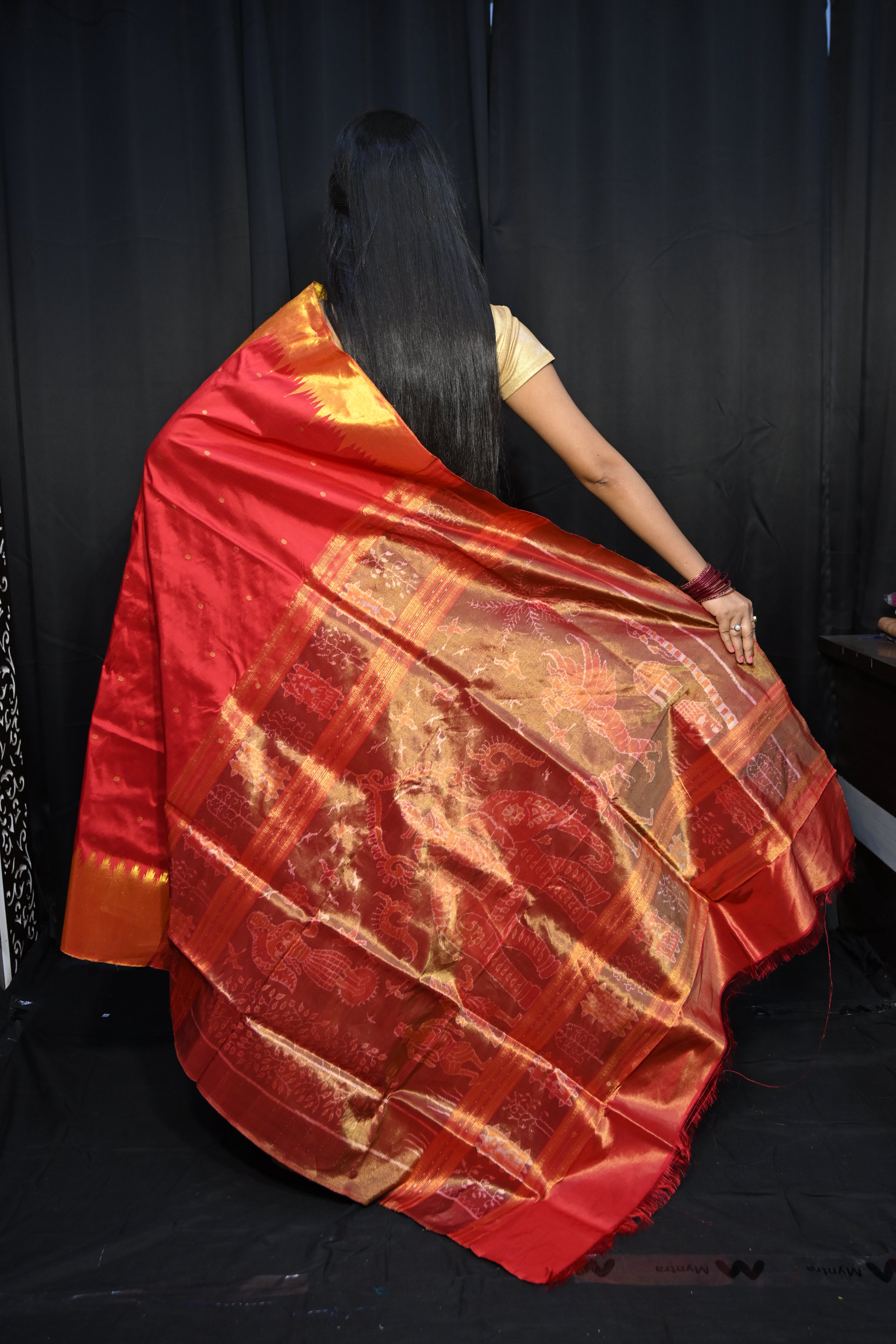 Red Golden Phoda Kumbha Half Tissue Sambalpuri Silk Saree