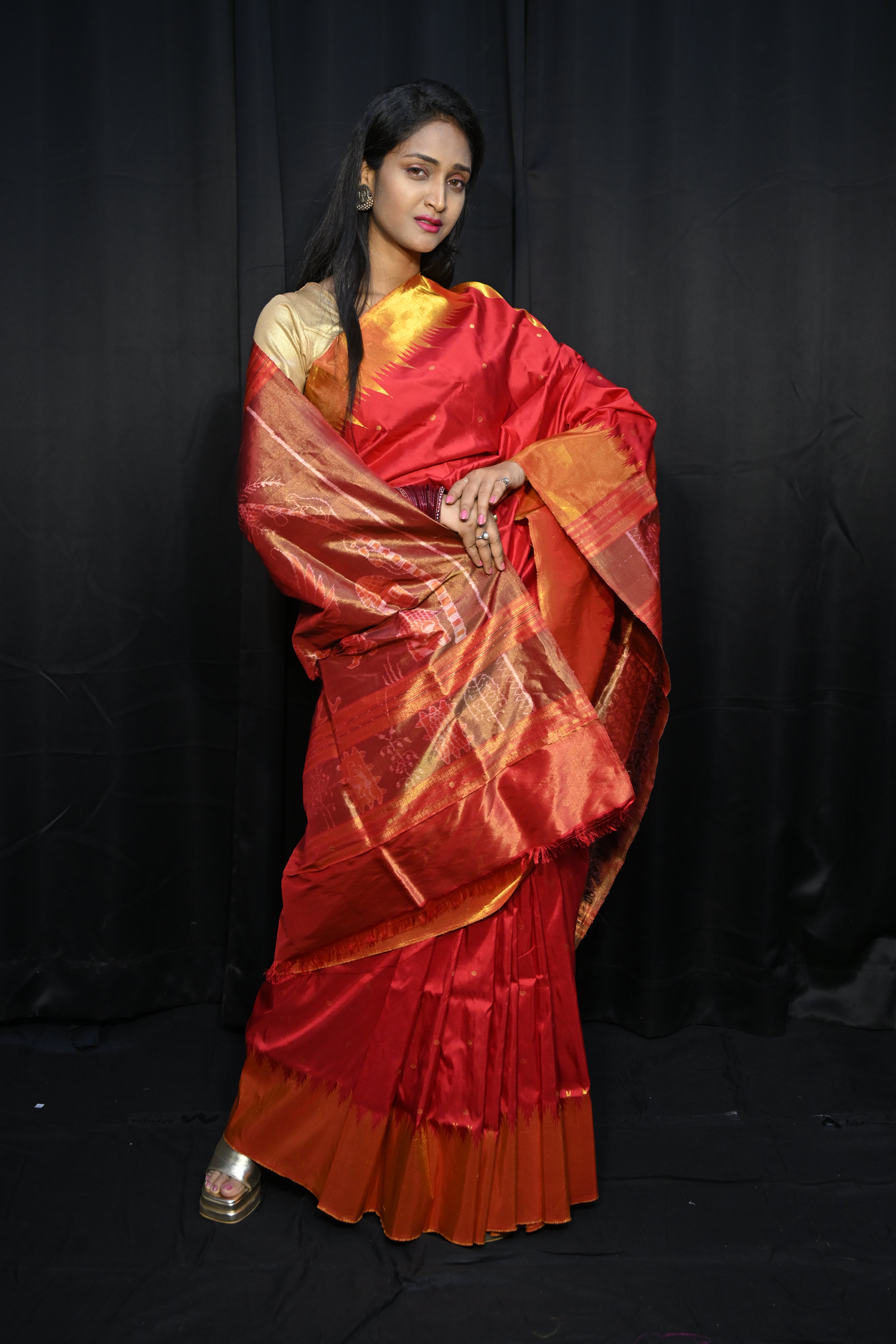 Red Golden Phoda Kumbha Half Tissue Sambalpuri Silk Saree