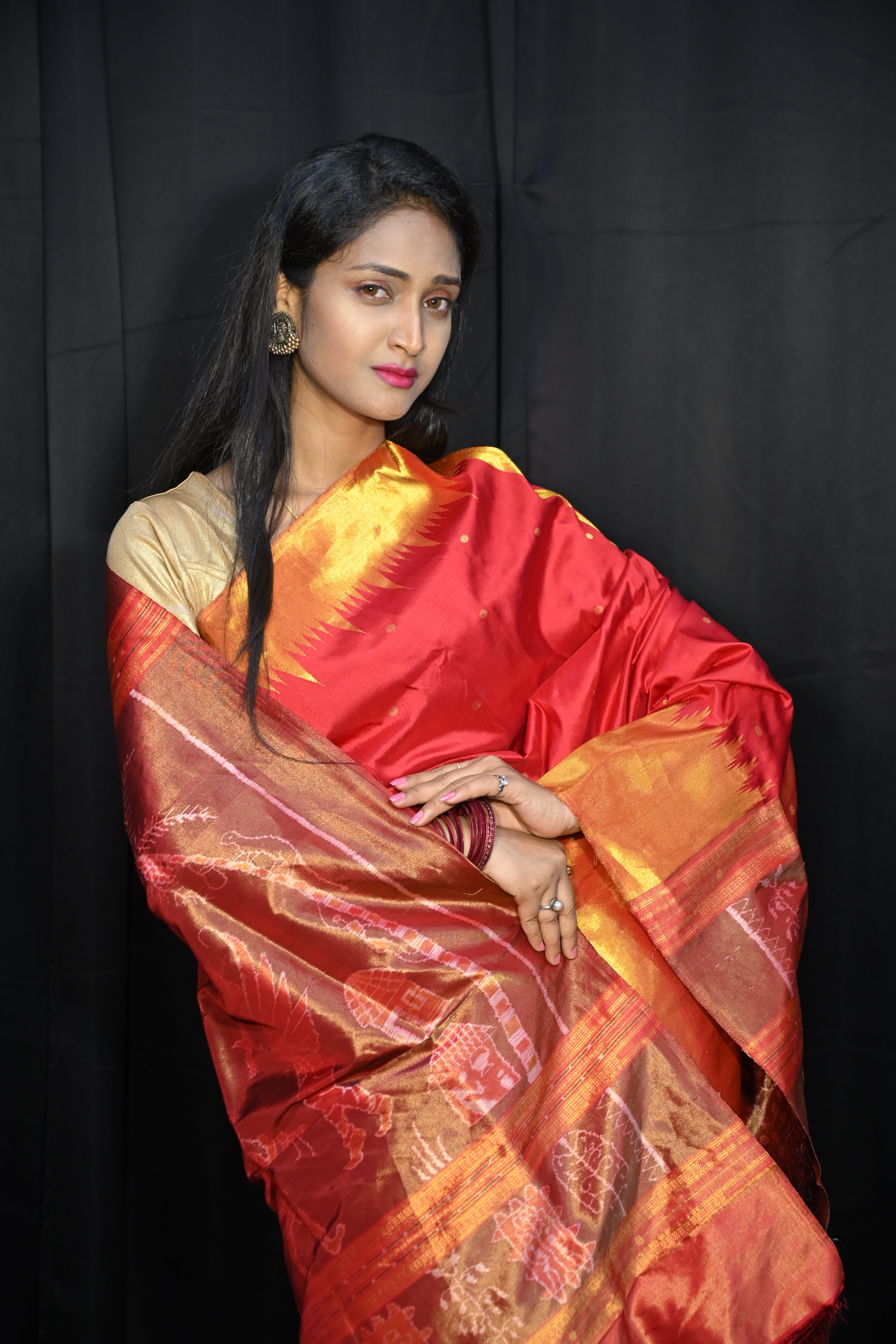 Red Golden Phoda Kumbha Half Tissue Sambalpuri Silk Saree