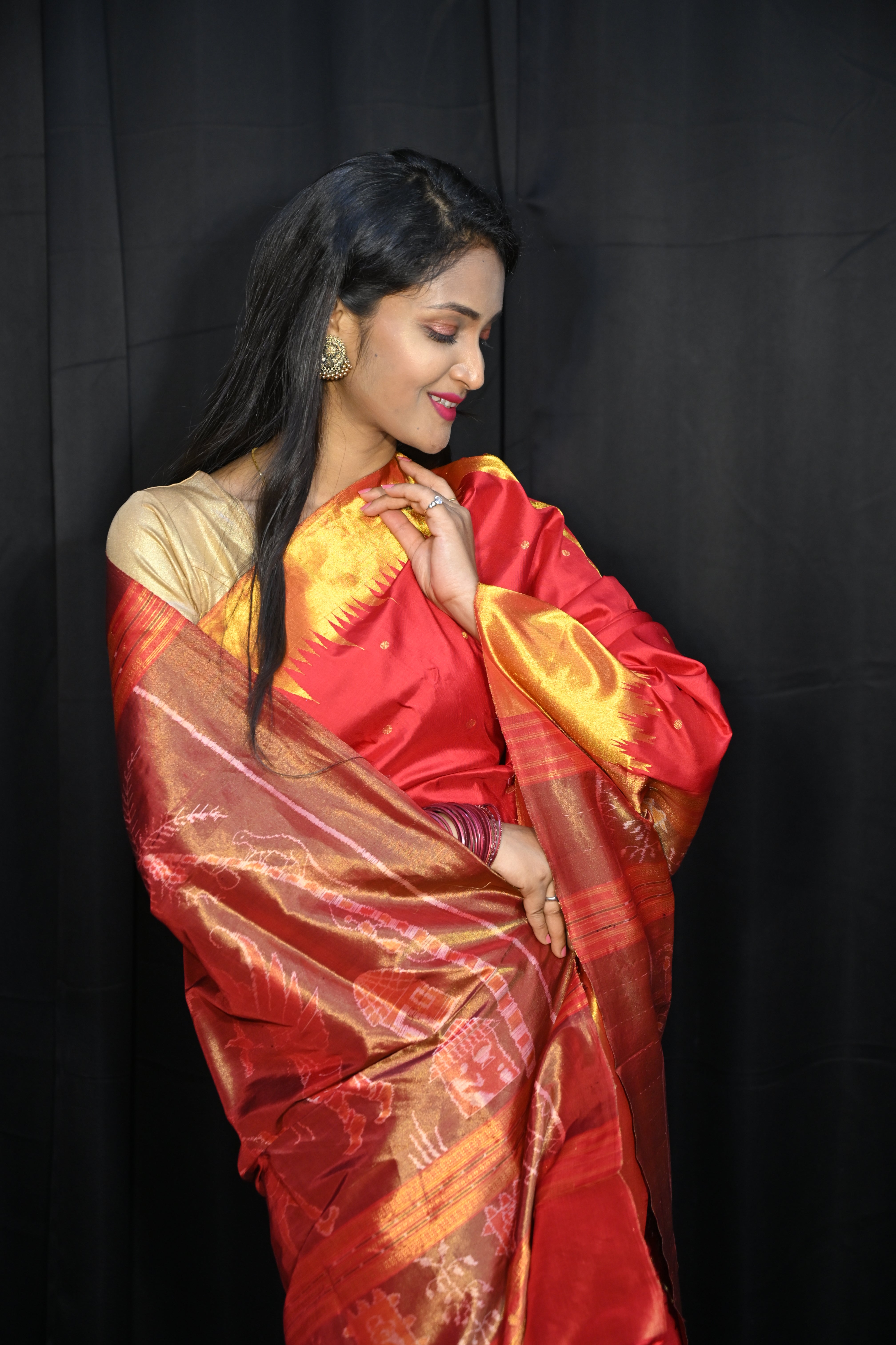 Red Golden Phoda Kumbha Half Tissue Sambalpuri Silk Saree
