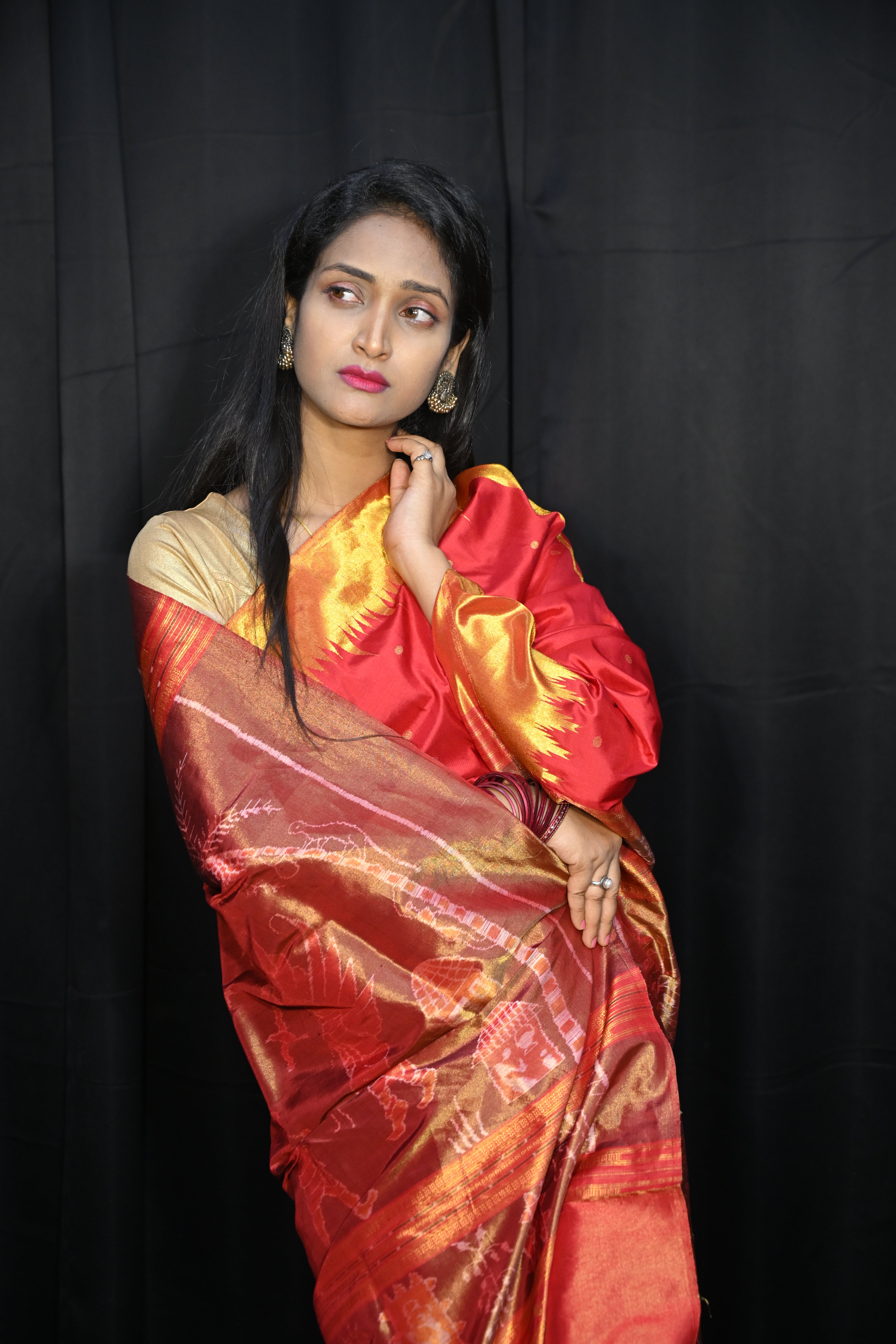 Red Golden Phoda Kumbha Half Tissue Sambalpuri Silk Saree